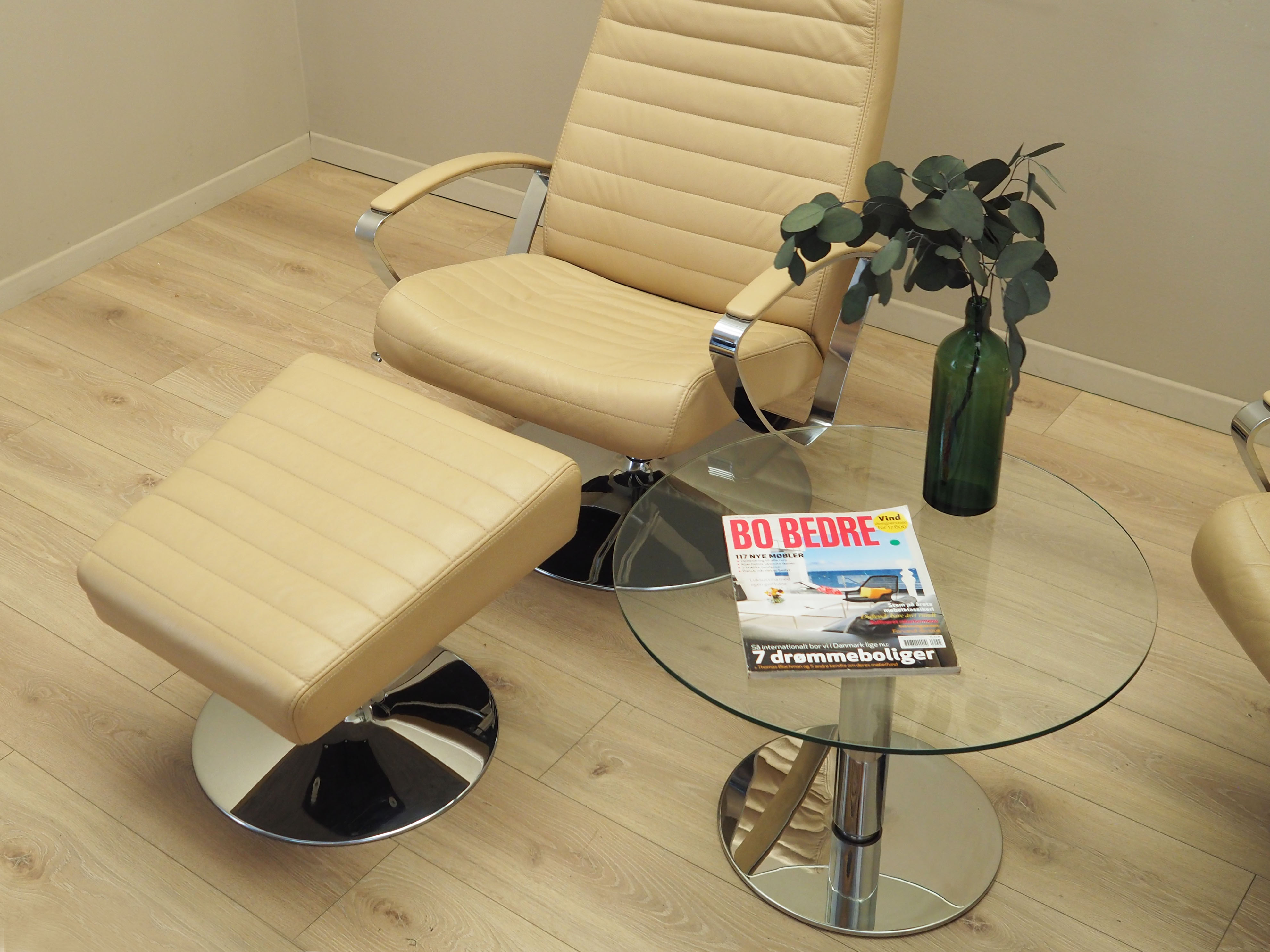 Sessel mit Hocker Leder Hellbraun 1970er Jahre