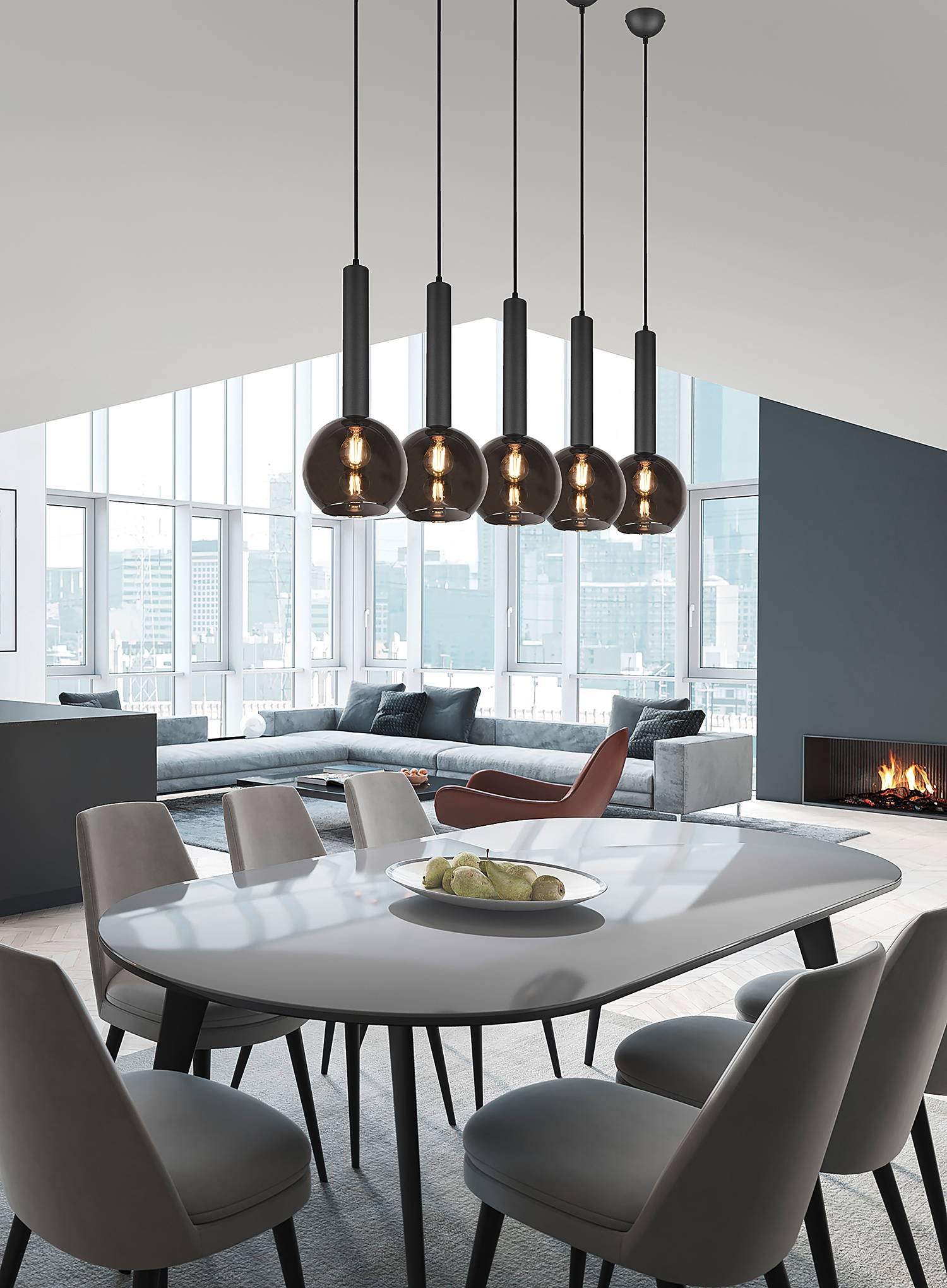 5x Flammenanzahl Pendelleuchte Clayton Rauchglas Eisen 
