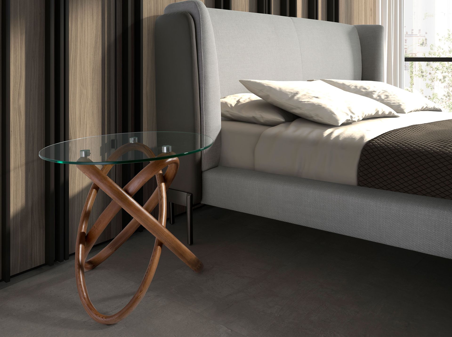 Round side table
Glass
Walnut veneer