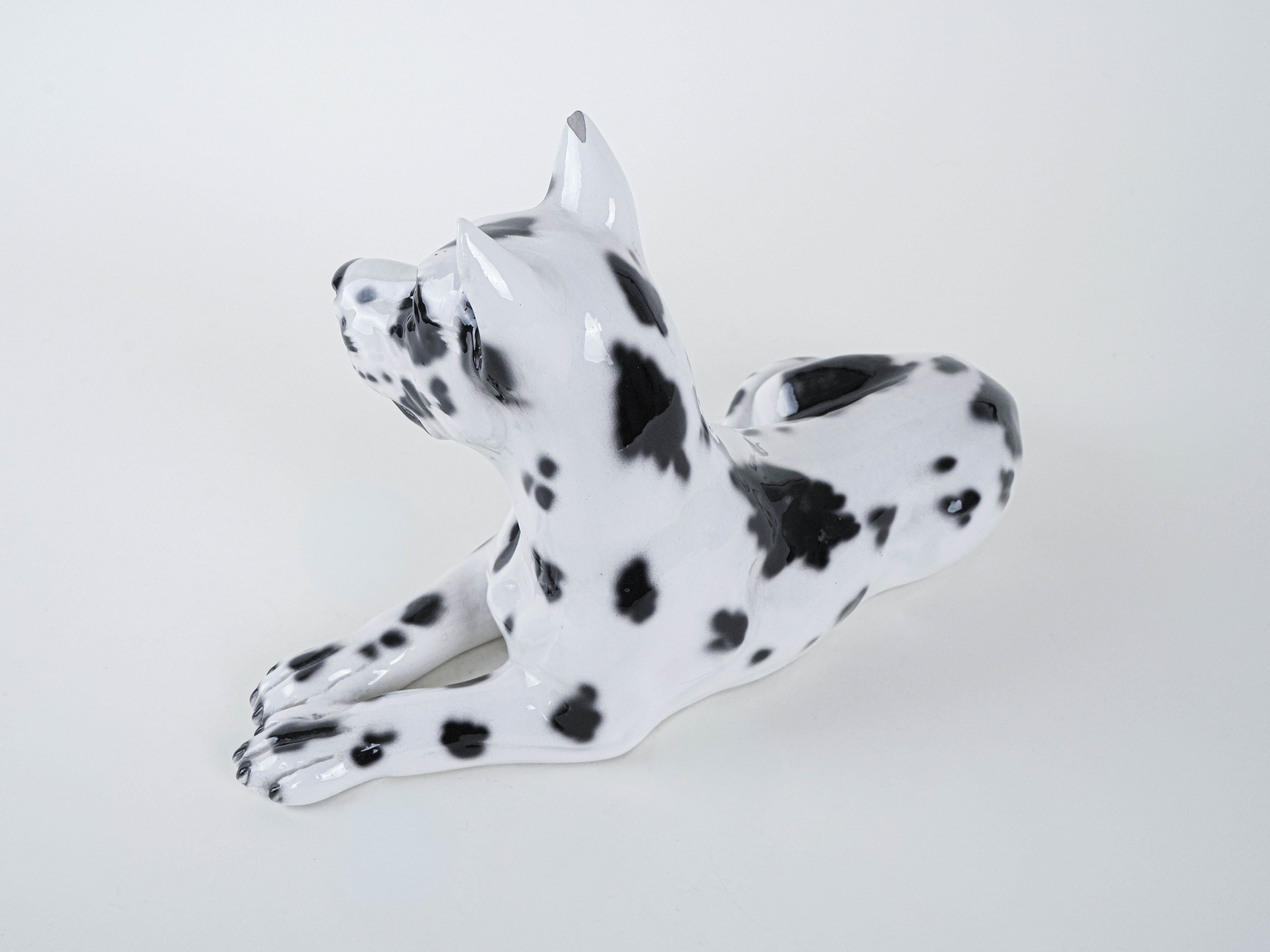 Ceramic Dog Harlequin Figure Black White 1970s