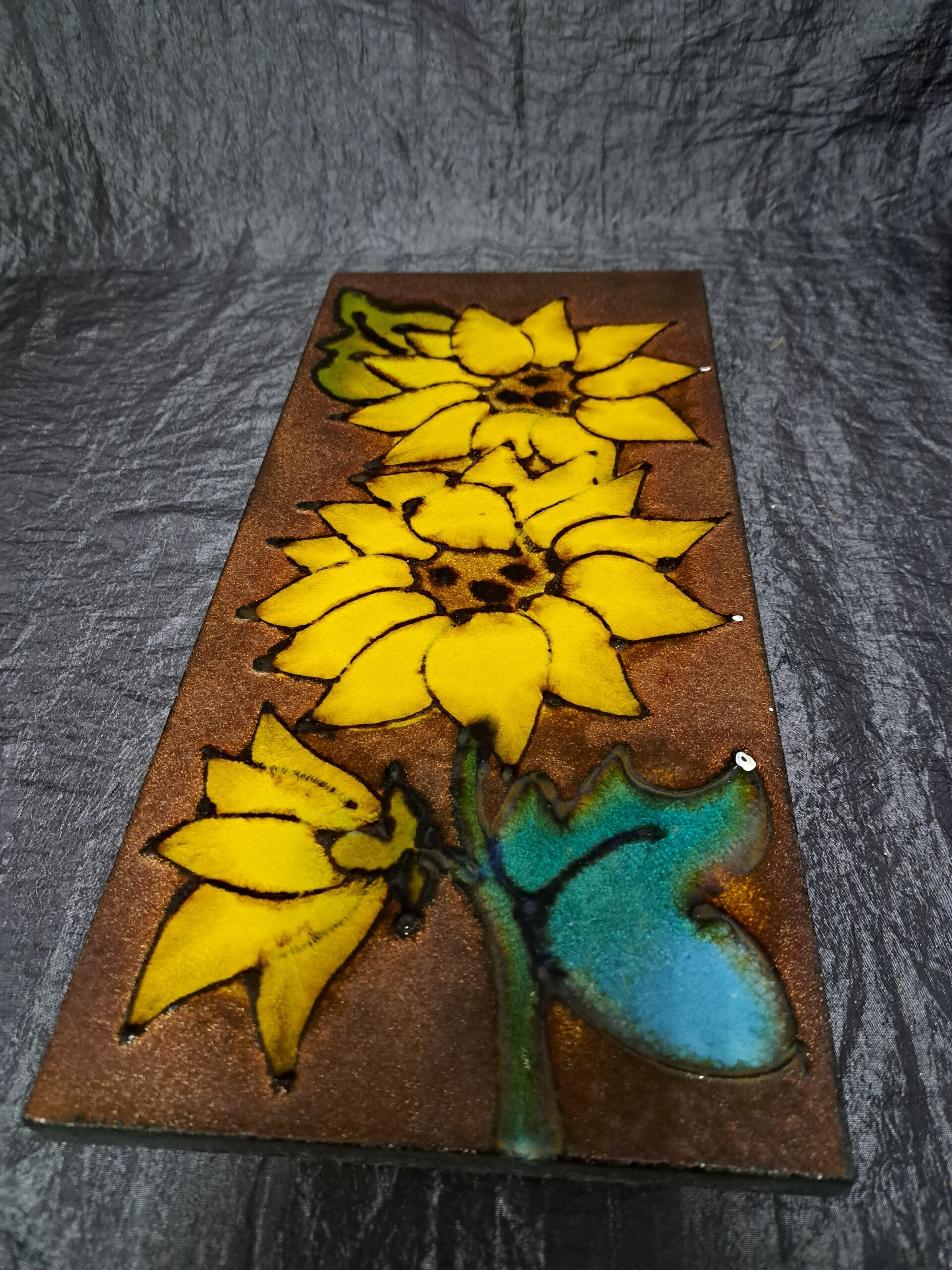 Vintage Keramik Wandfliese Sonnenblumen Gelb Braun