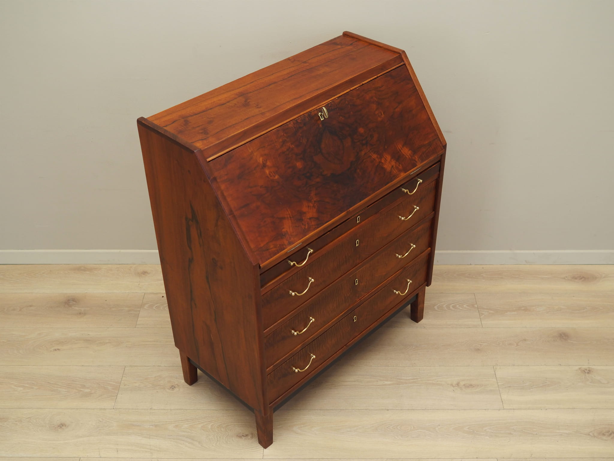 Vintage secretary desk, walnut wood, brown, 1960s