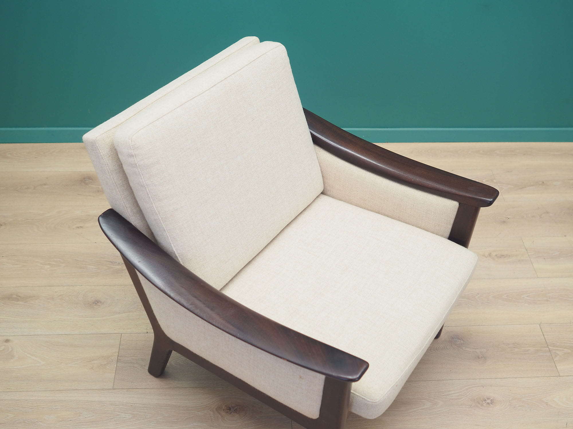 Vintage armchair wood fabric cream 1970s