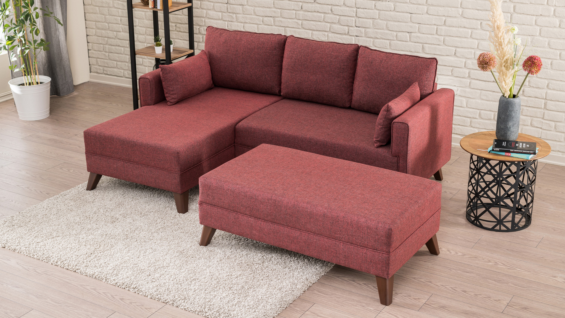 Bella Sofa Récamiere Links mit Hocker Rot