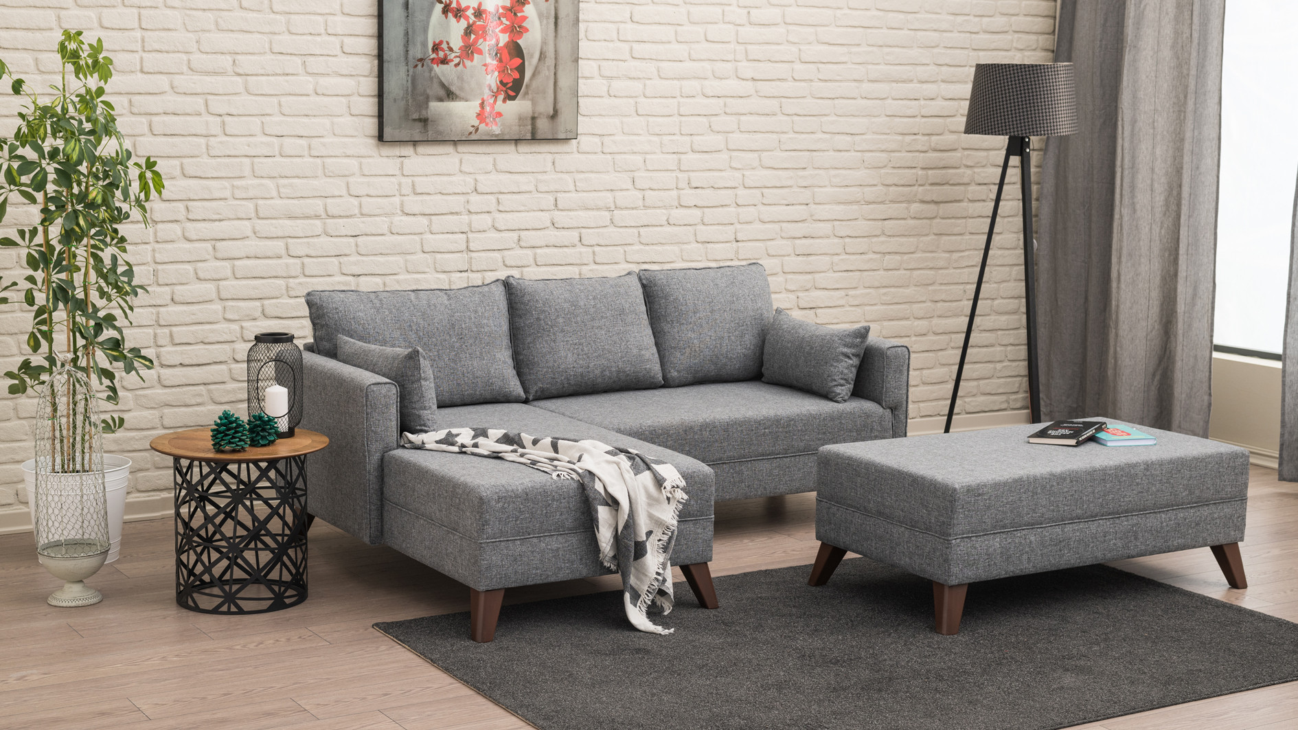 Schlafsofa Récamiere Links & Hocker Polyester Holz Grau