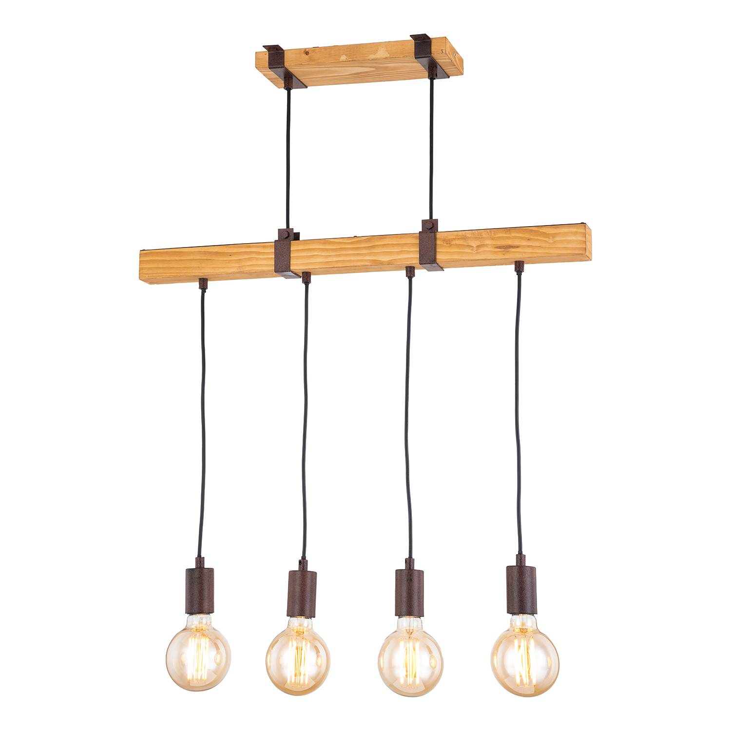 4-flame pendant light Linn II partly solid wood ash iron