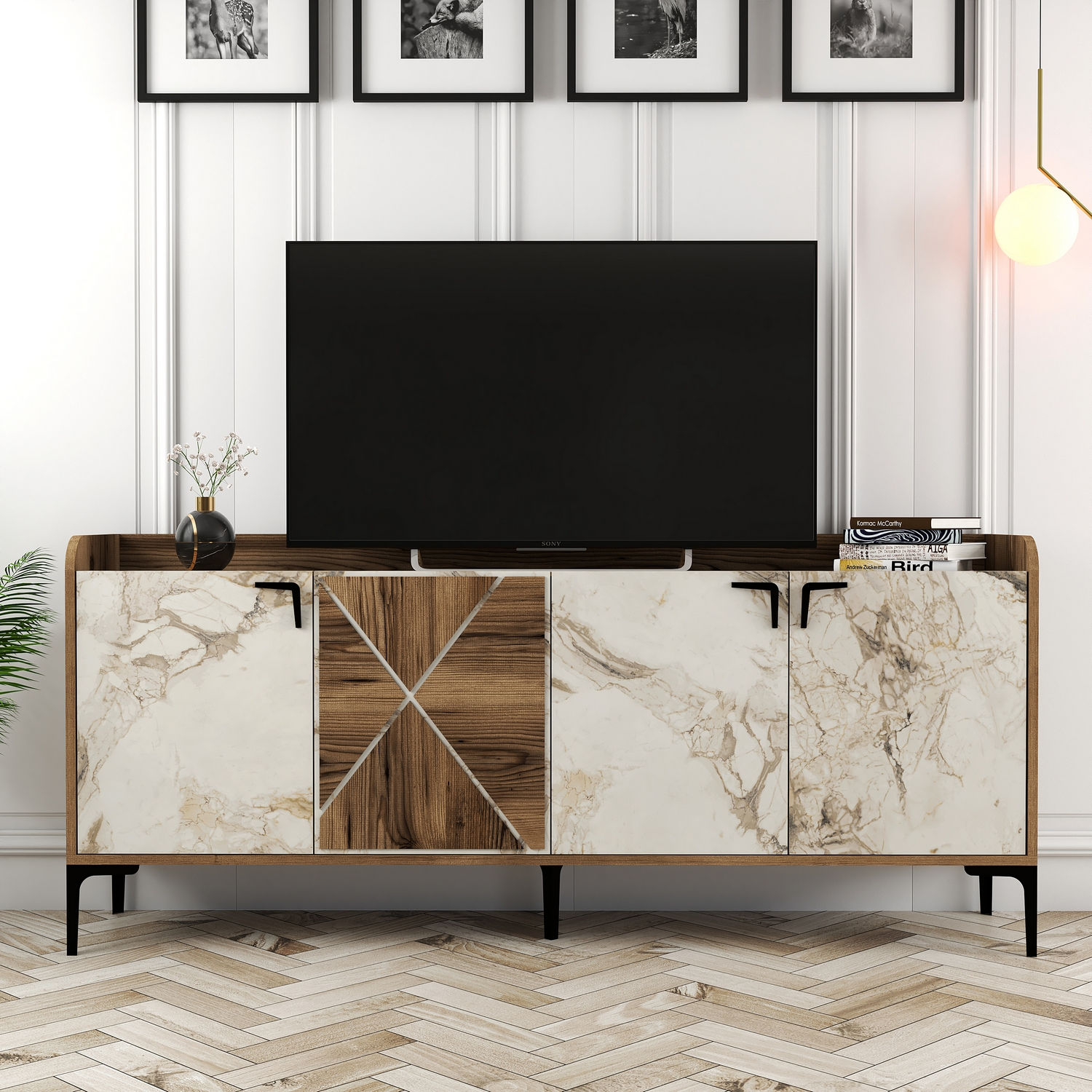 Venedik Sideboard Walnussbraun Marmoroptik Weiß