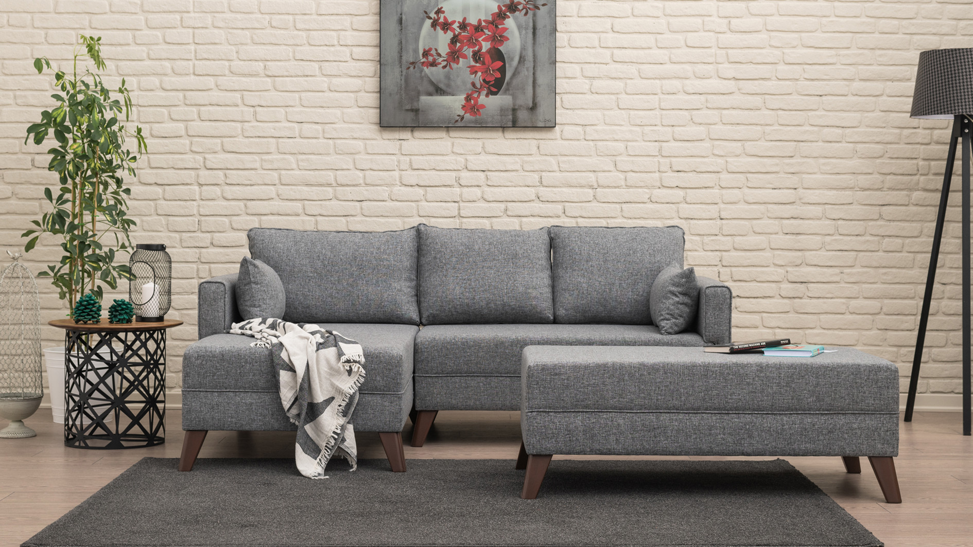 Schlafsofa Récamiere Links & Hocker Polyester Holz Grau