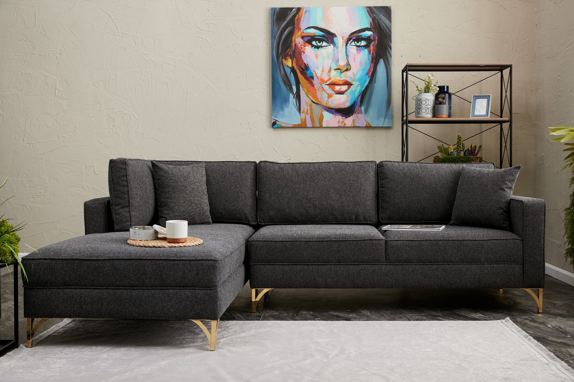 Lima Sofa Récmaiere Links  Anthrazit mit goldenen  Beinen