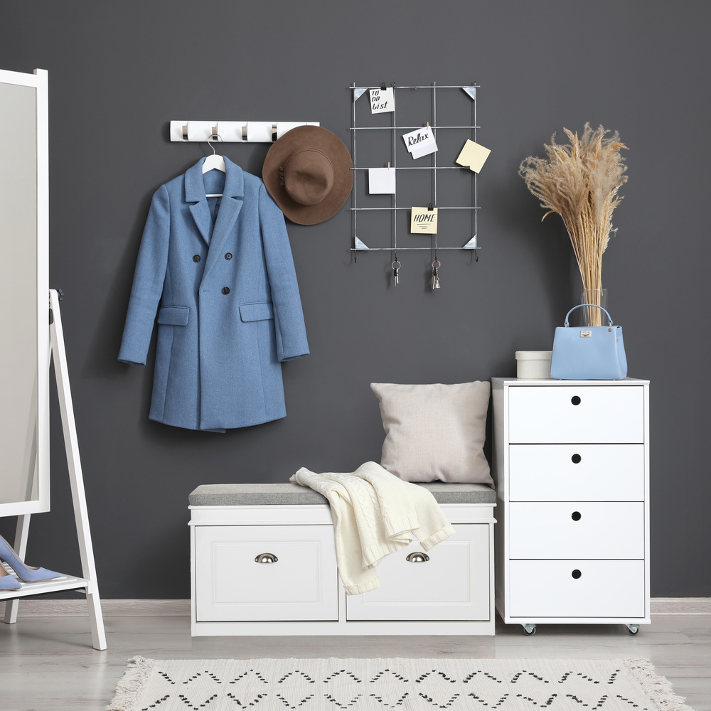 Estha I Shoe cabinet Bench with seat cushion Wood White Gray