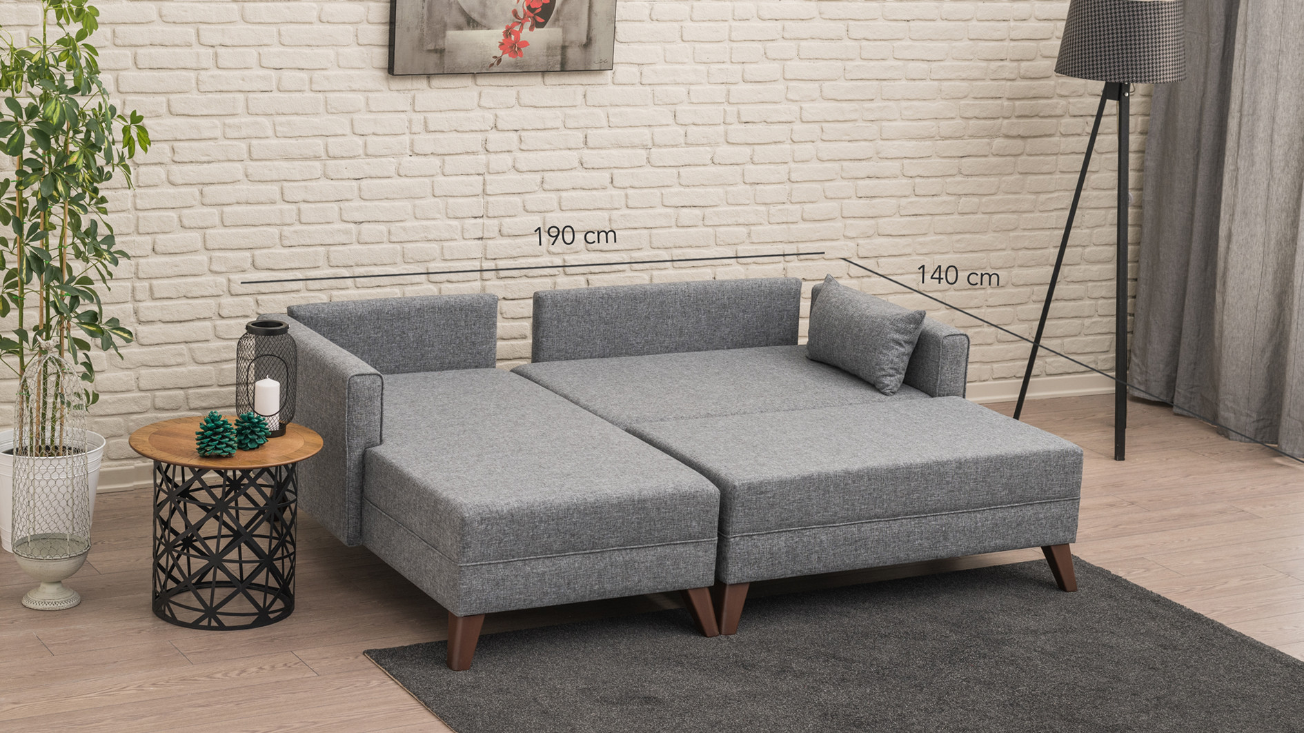 Schlafsofa Récamiere Links & Hocker Polyester Holz Grau