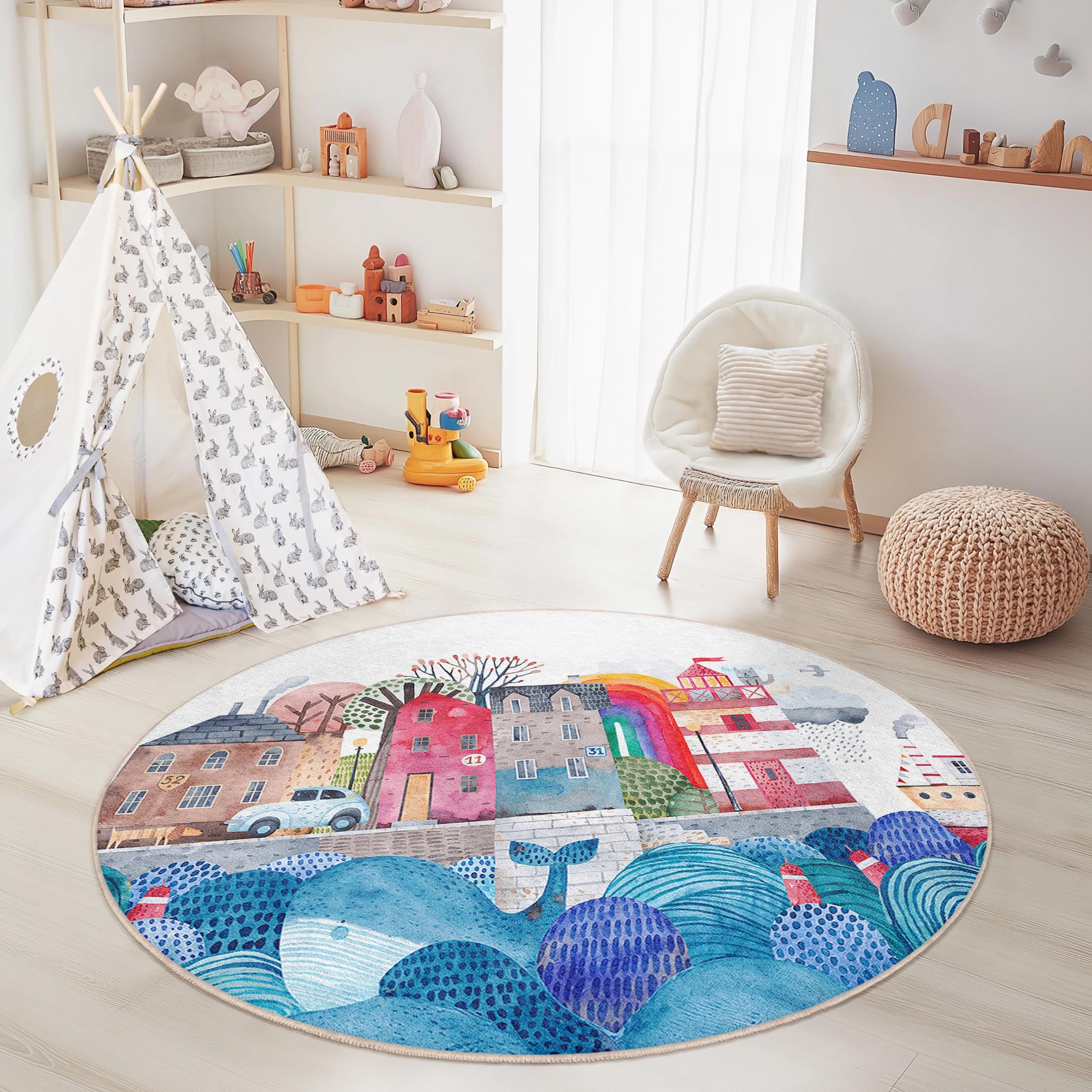 Tappeto per bambini colorato stile casa sulla spiaggia multicolore Ø150cm