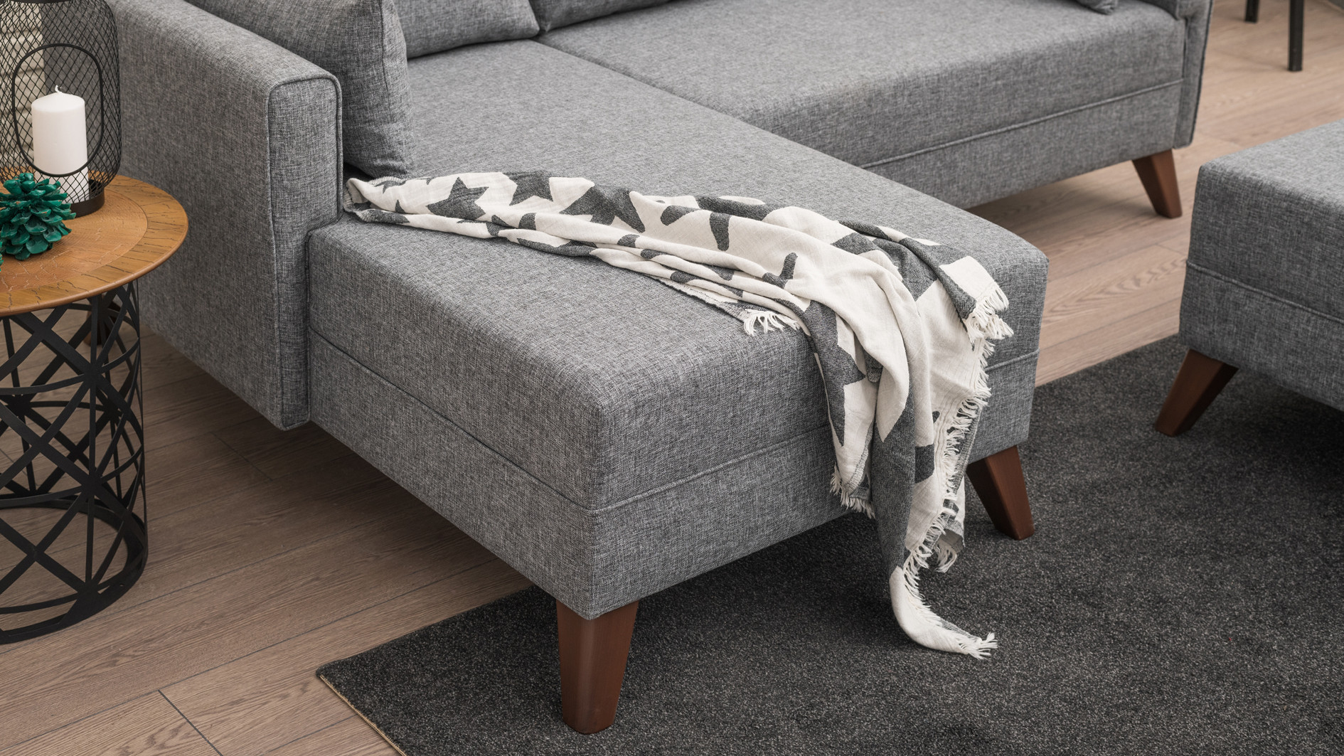 Schlafsofa Récamiere Links & Hocker Polyester Holz Grau