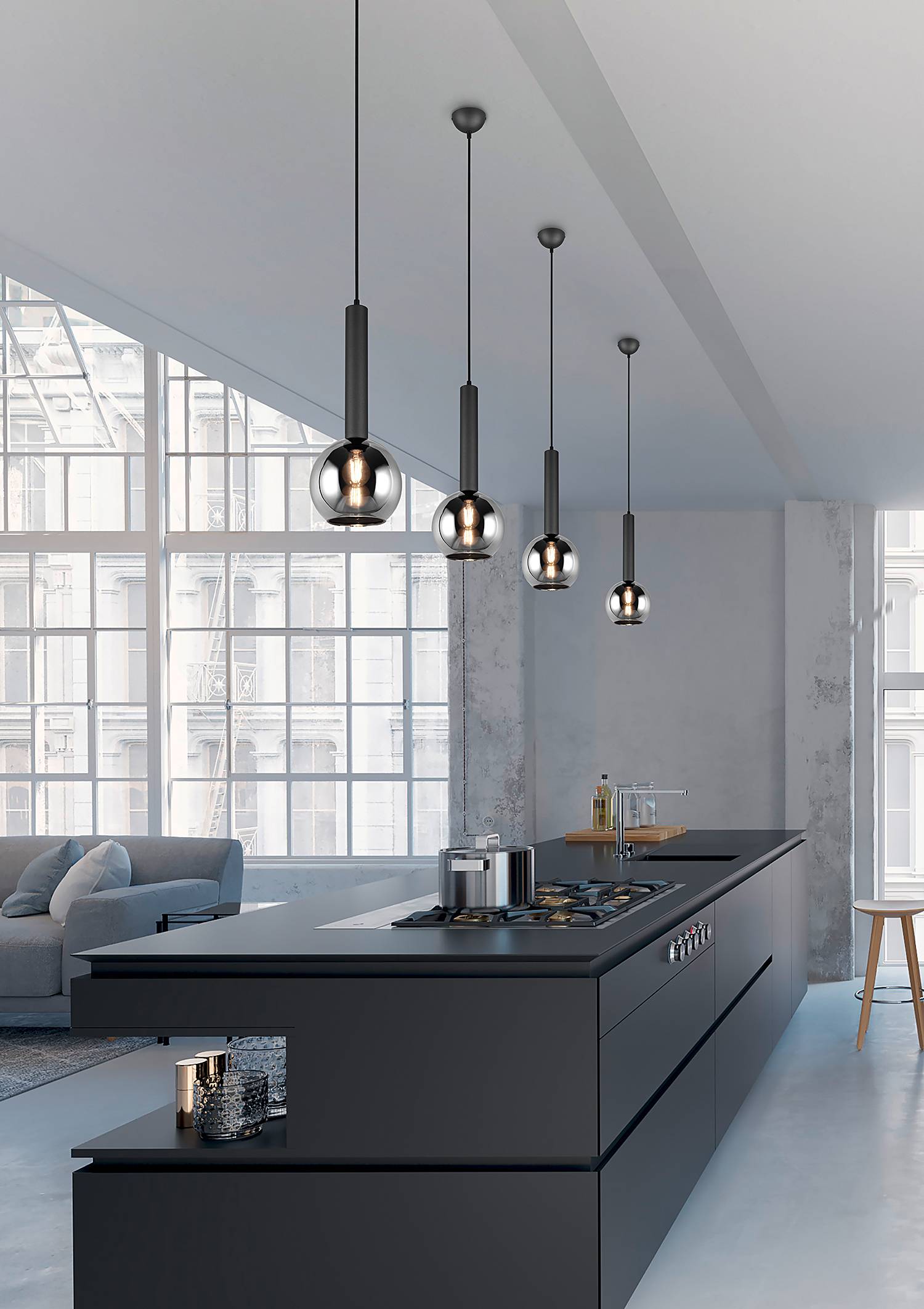 5x Flammenanzahl Pendelleuchte Clayton Rauchglas Eisen 
