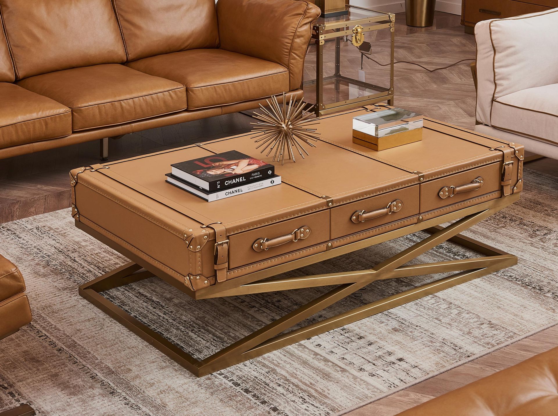 Couchtisch Leder Goldstahl Braun