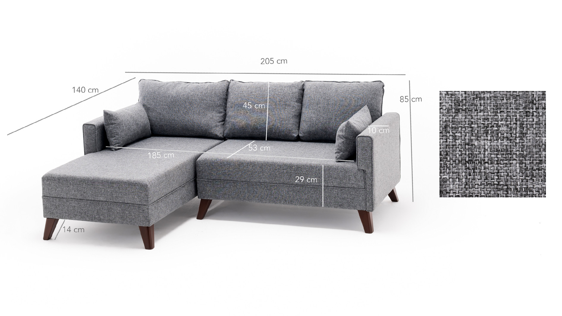 Schlafsofa Récamiere Links & Hocker Polyester Holz Grau