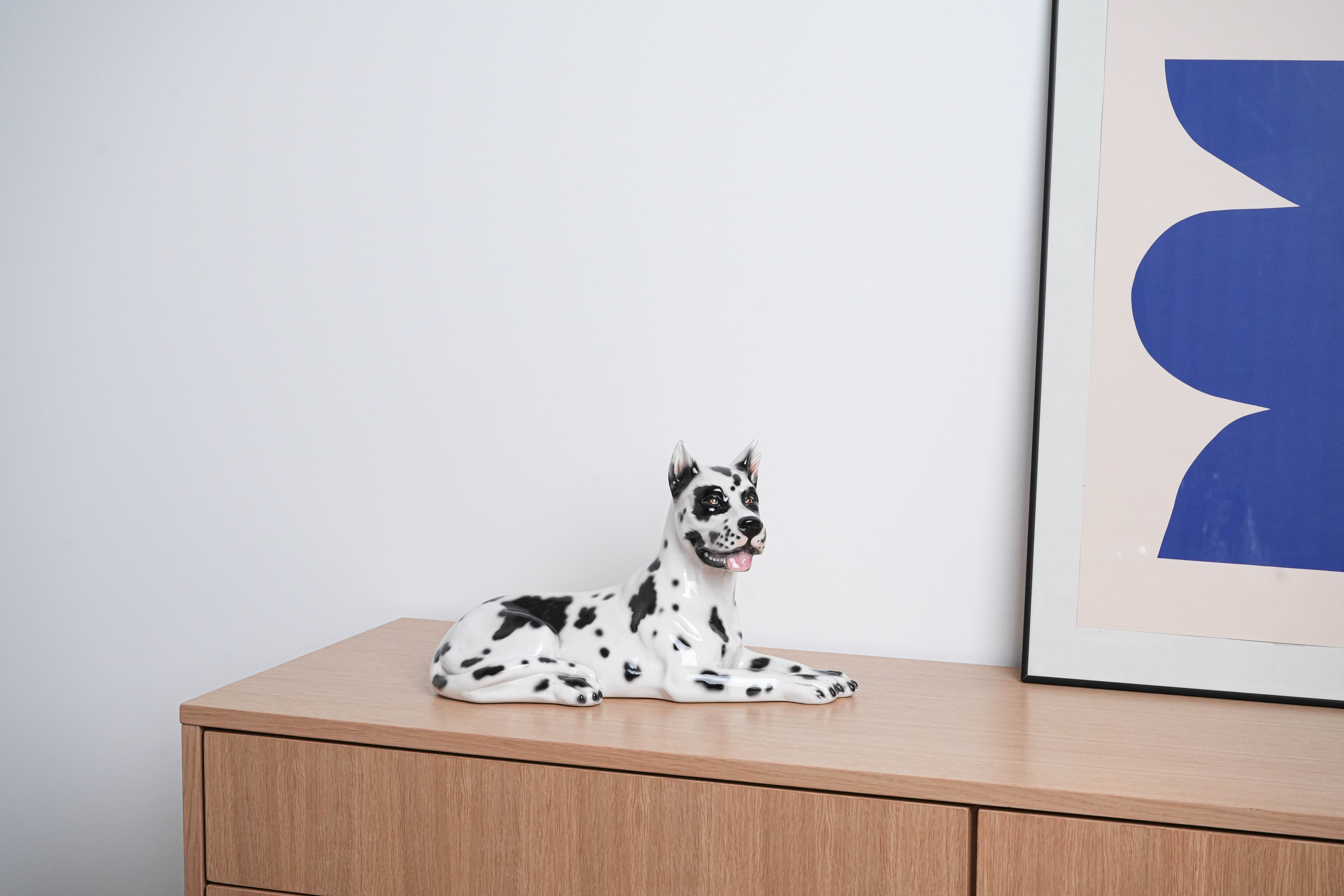 Keramik Hund Arlekin Figur Schwar Weiß 1970er Jahre