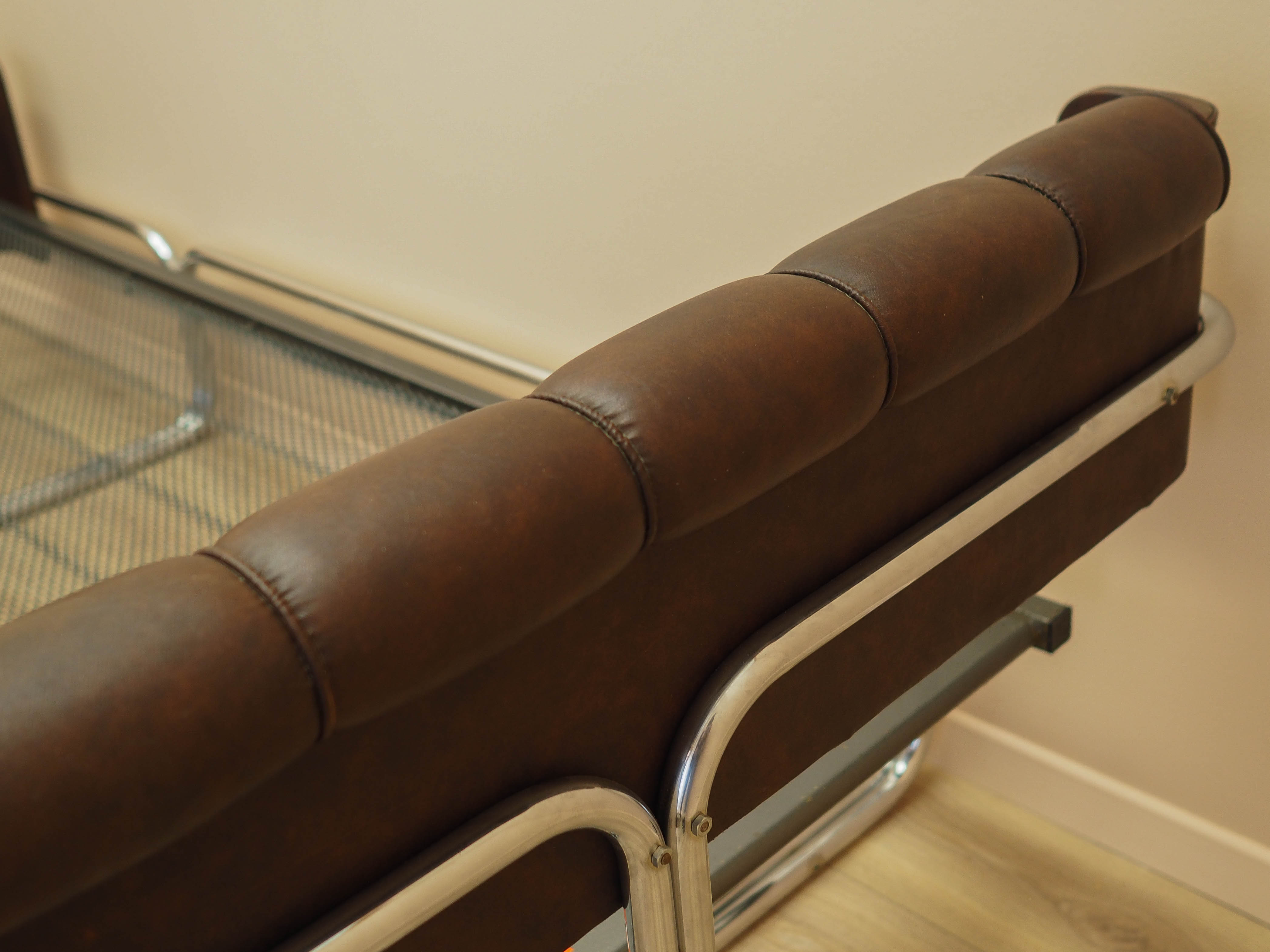 Vintage Bed Metal Frame Natural Leather Brown 1980s