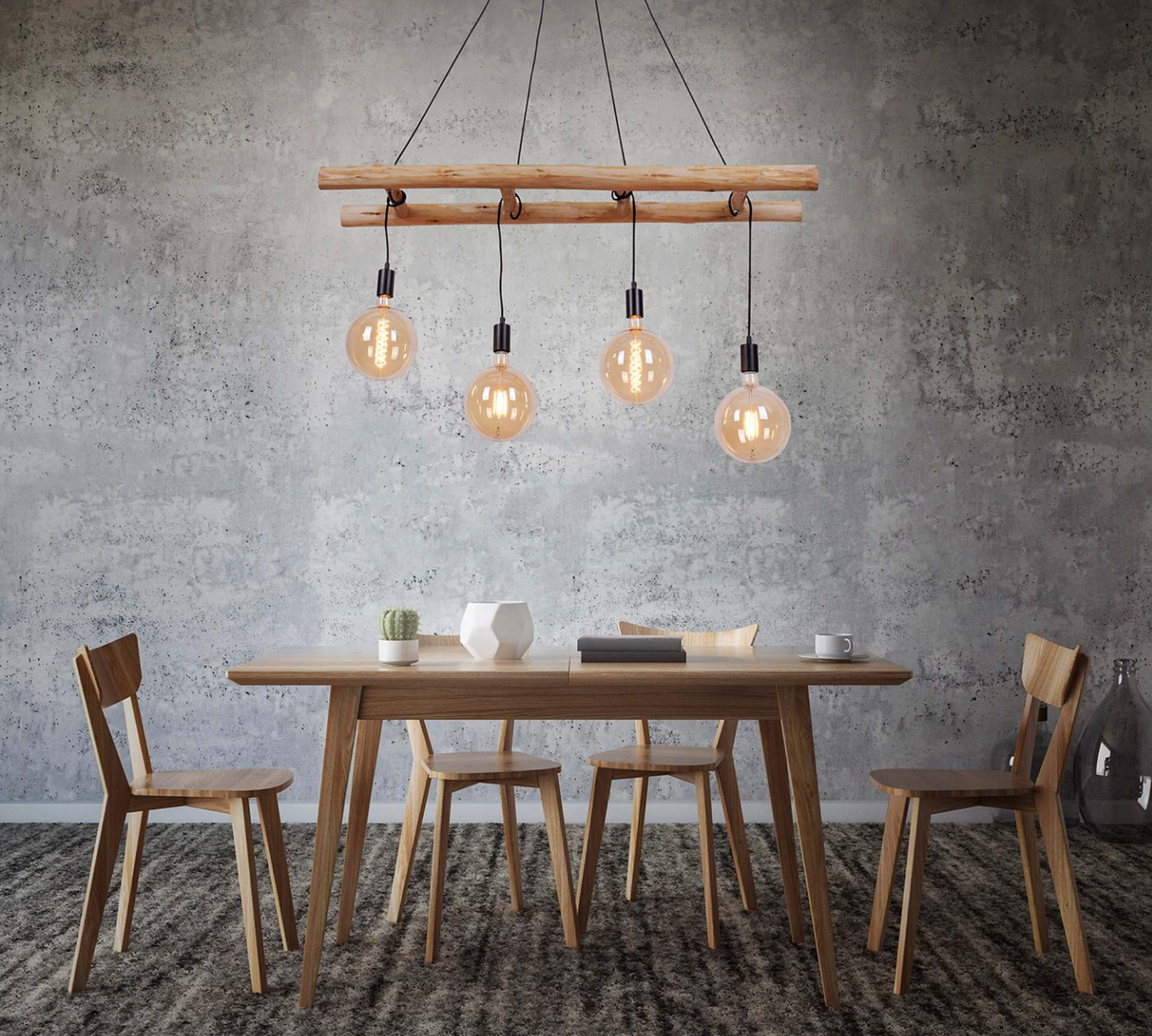 4-flammige Pendelleuchte Holz Eisen Braun