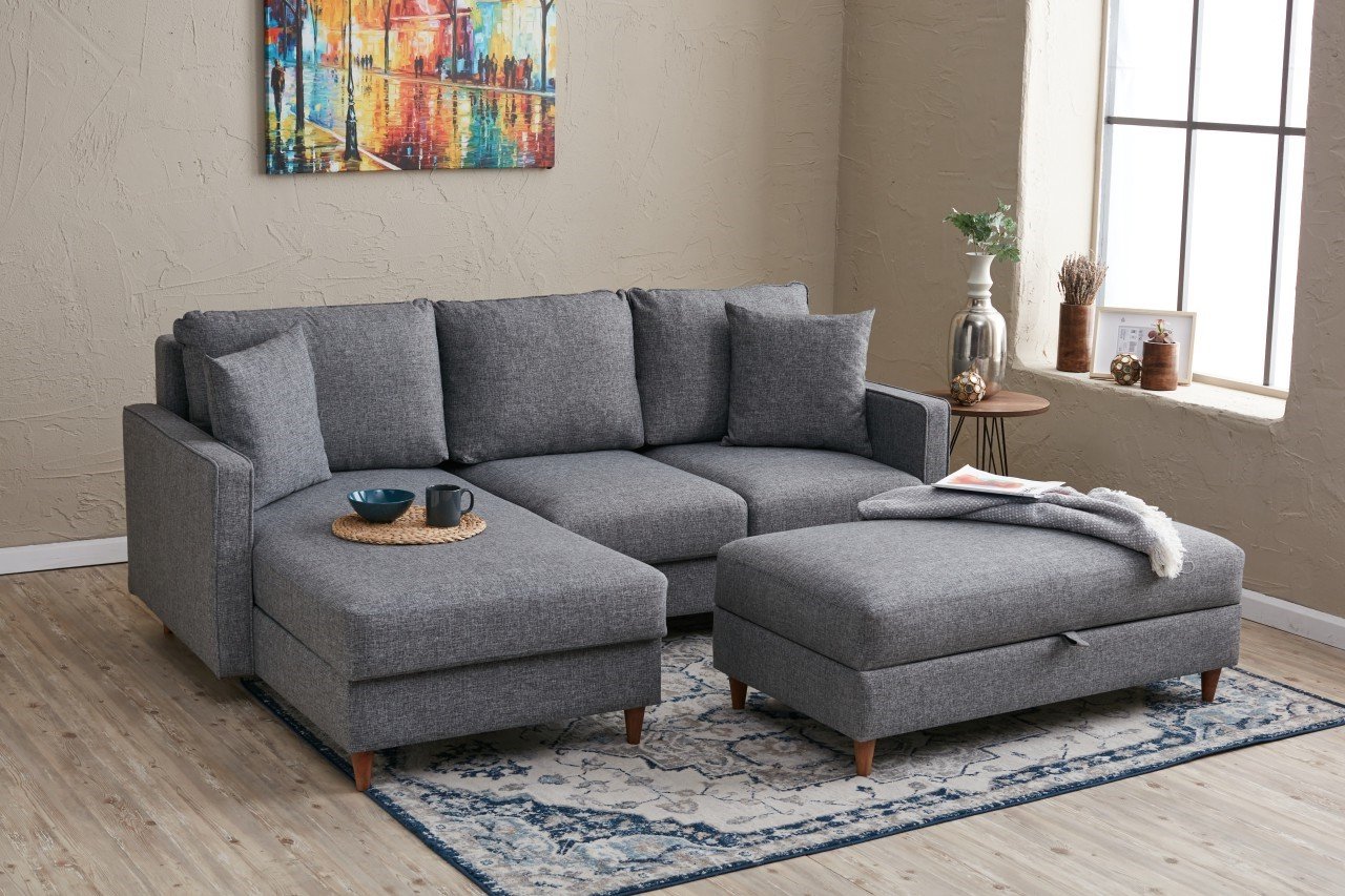 Eva Sofa Récamiere Links mit Hocker Grau