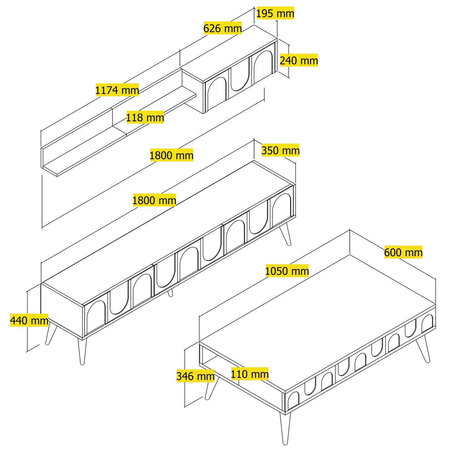 Lyon 3 Set di mobili per il soggiorno impiallacciatura di legno crema noce
