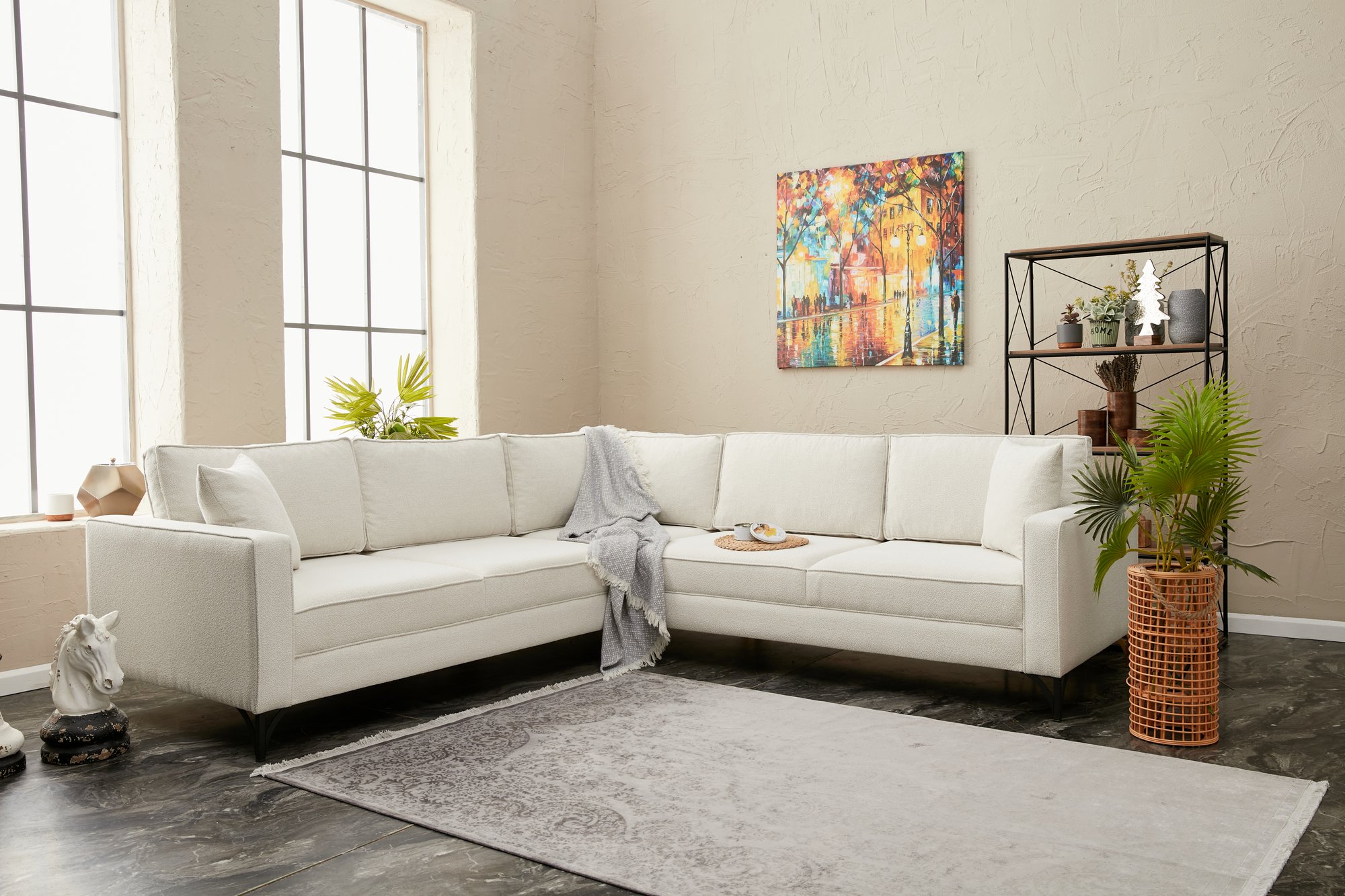 Lima Ecksofa 4-Sitzer Creme mit schwarzen Beinen