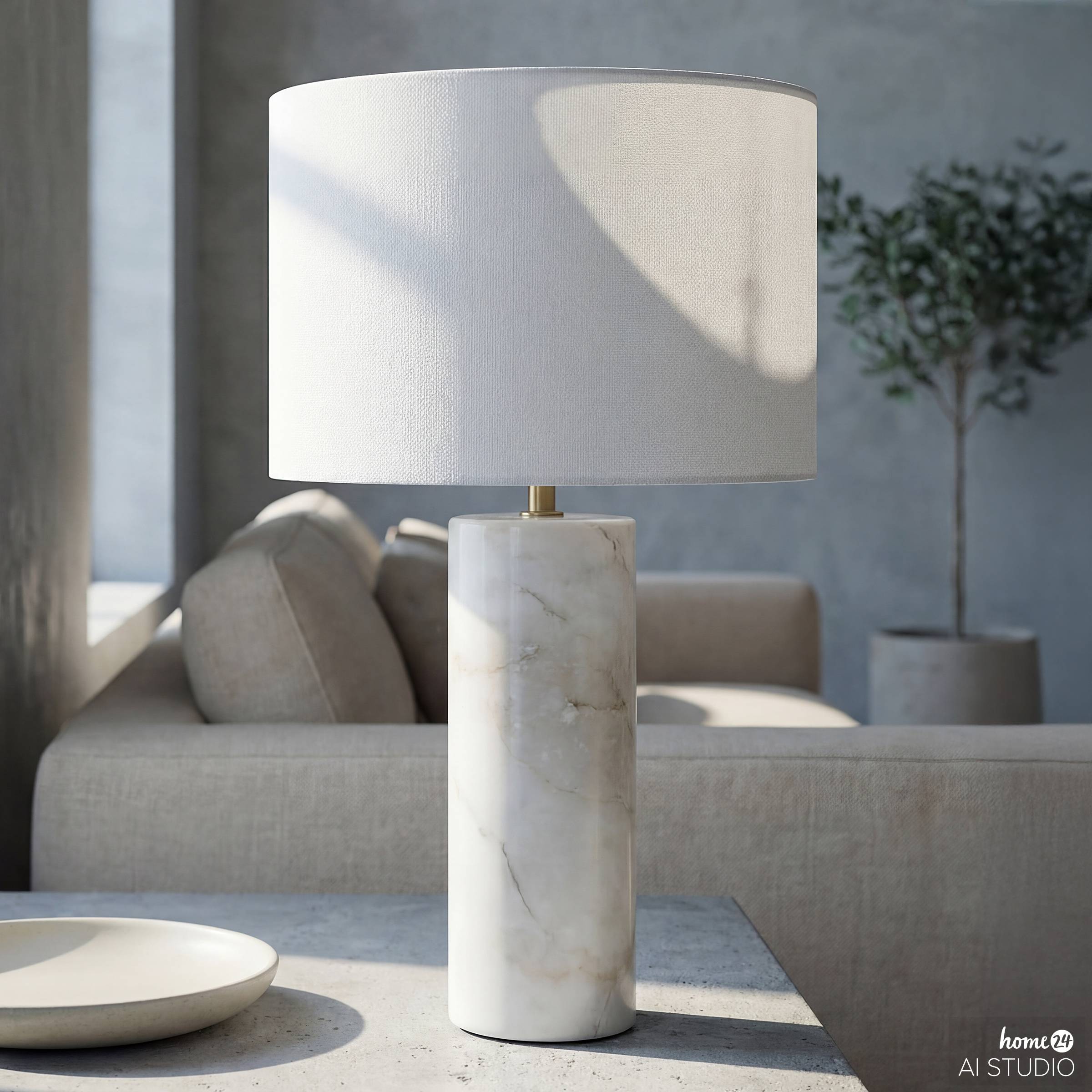 Juxo Tischleuchte mit Marmorfuß 1-flammig Leinen Marmor Weiß