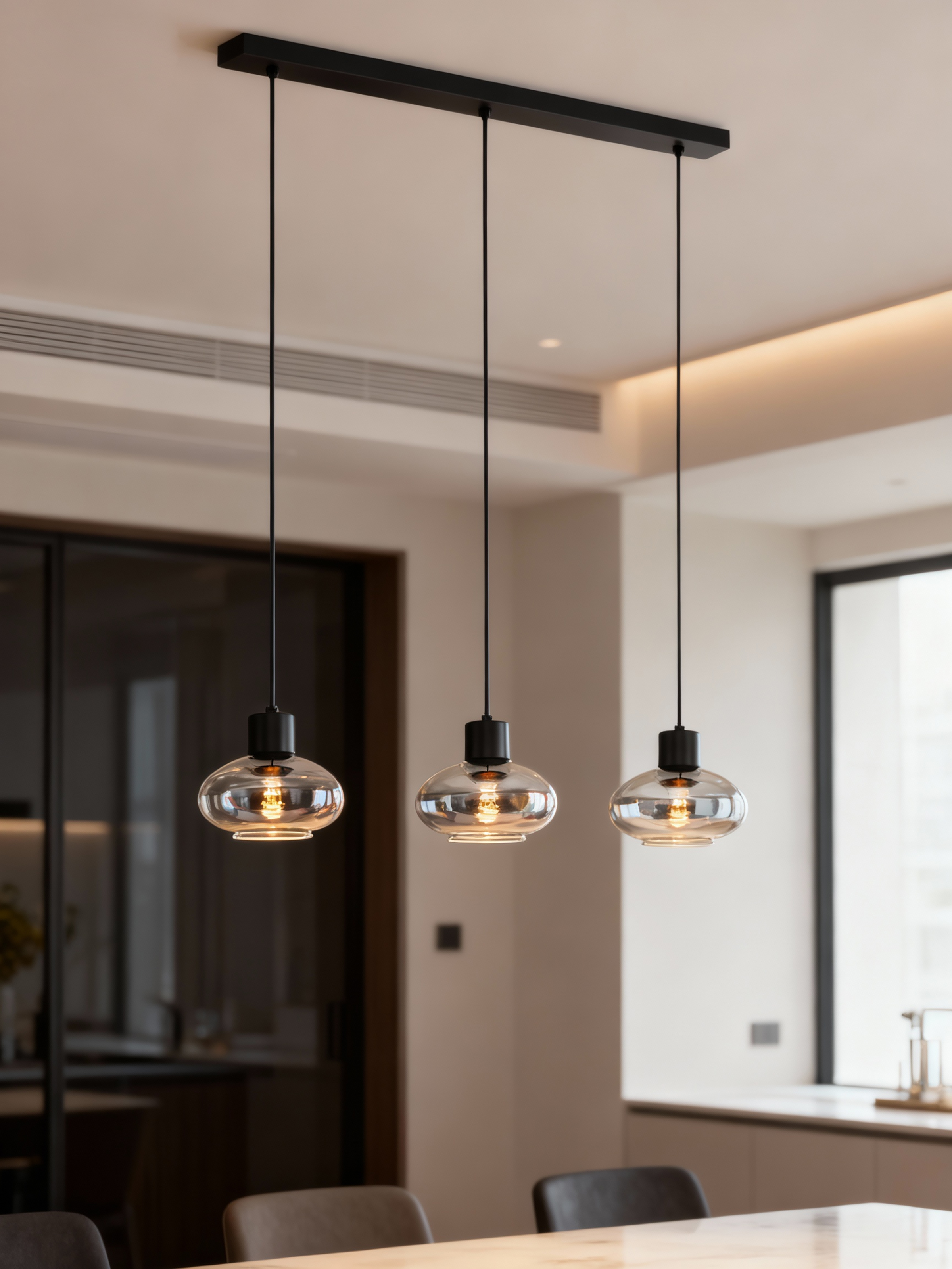 3-Flammig Laport Pendelleuchte Gusseisen Rauchglas Schwarz