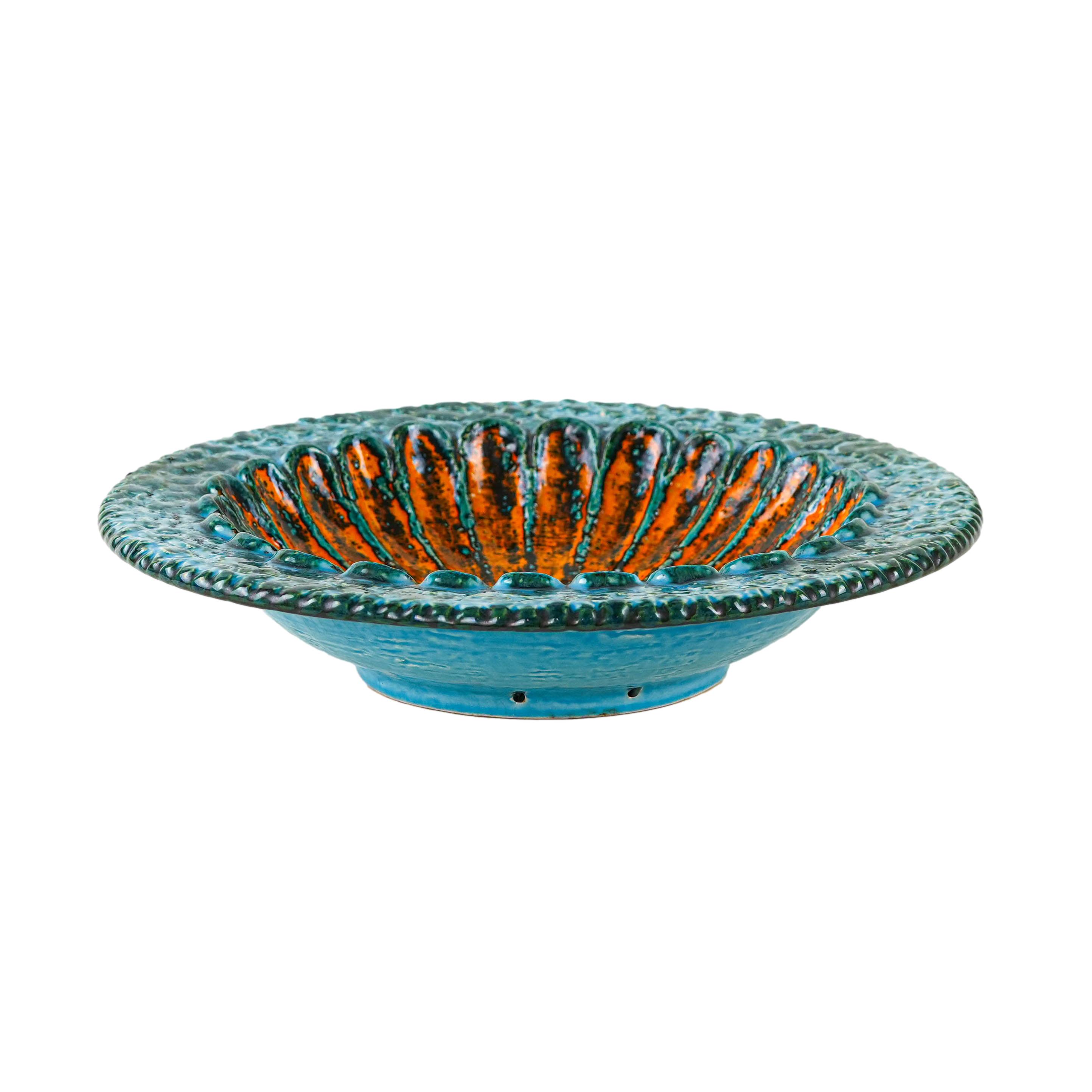Decorative plate ceramic turquoise orange 1960s