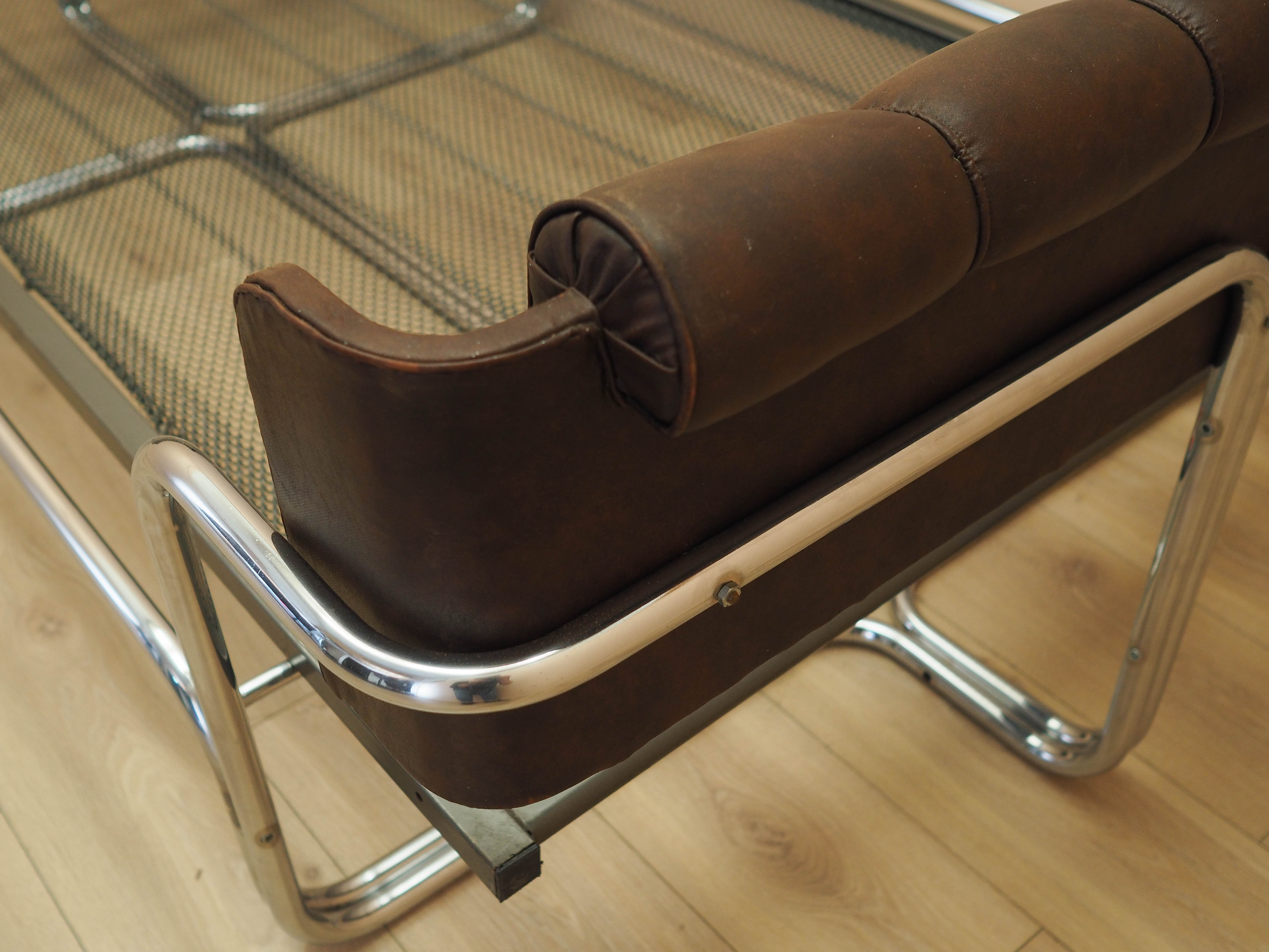 Vintage Bett Metallrahmen Naturleder Braun 1980er Jahre