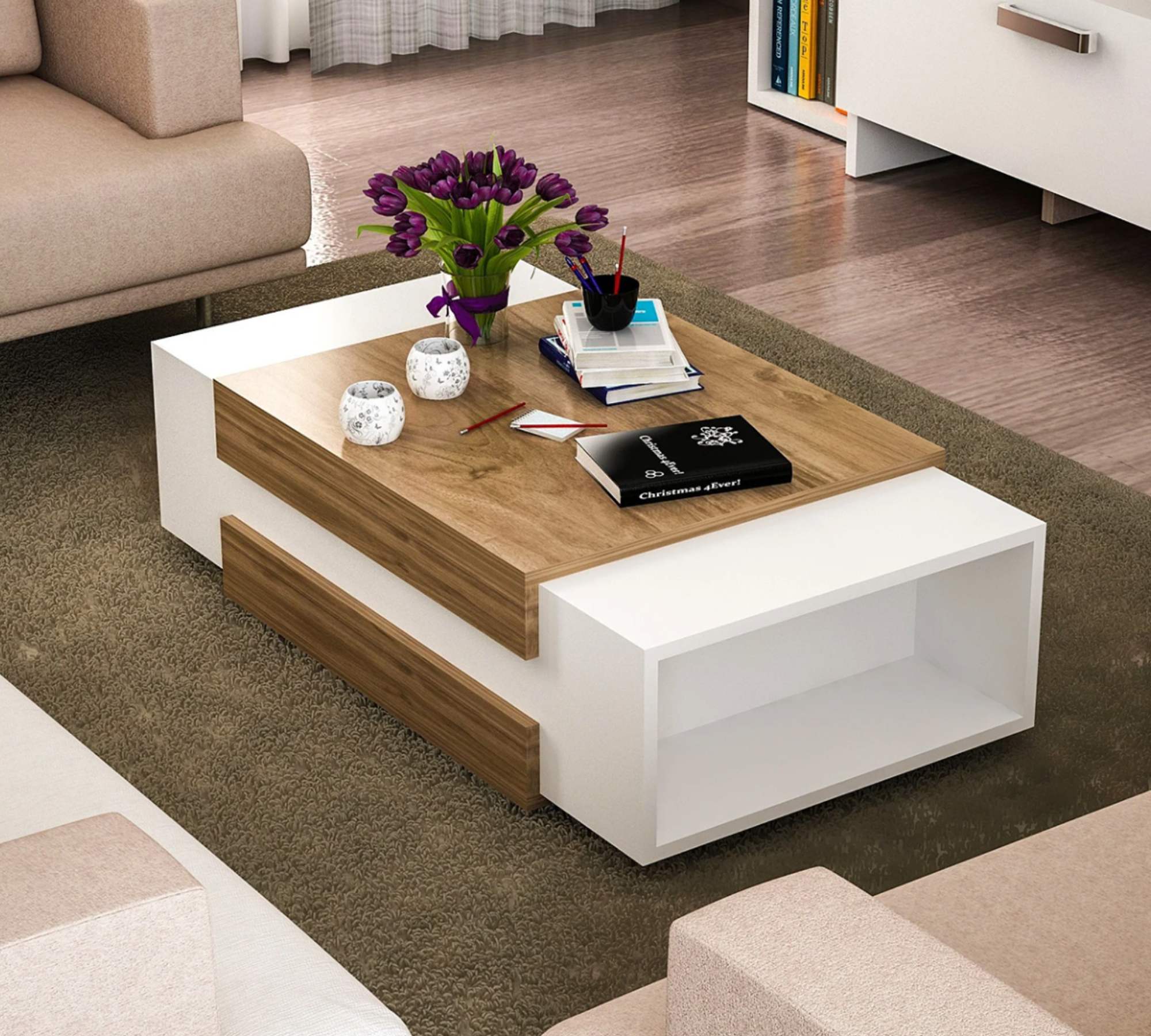 Couchtisch Holz Weiß Walnuss Dekor