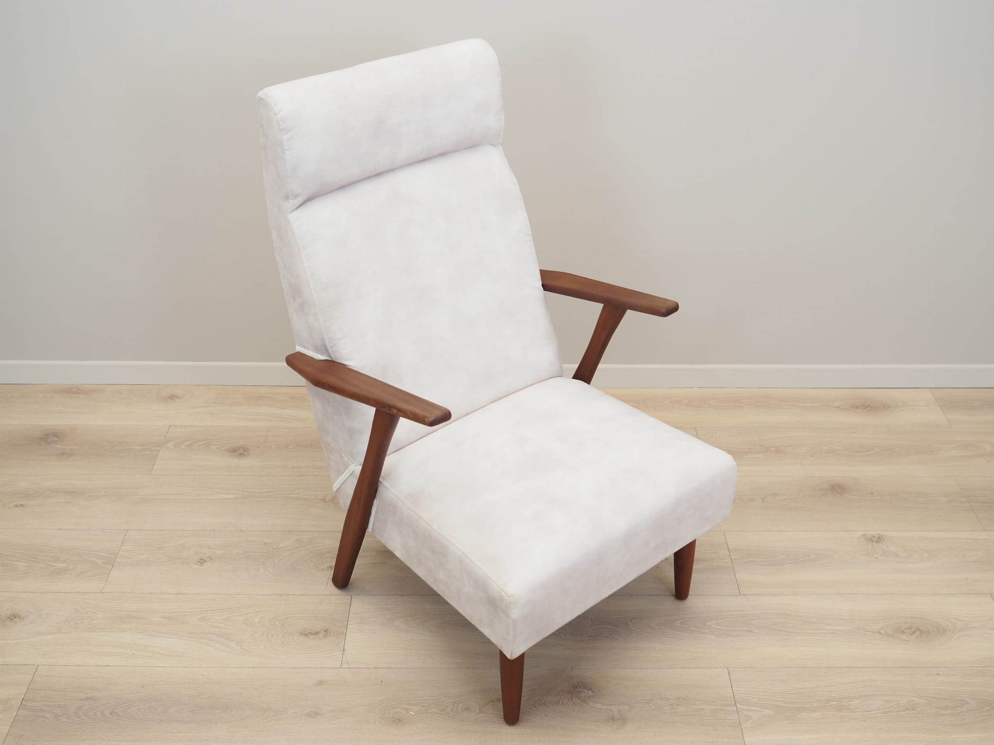 Vintage Stuhl Teakholz Samt Weiß 1970er Jahre 
