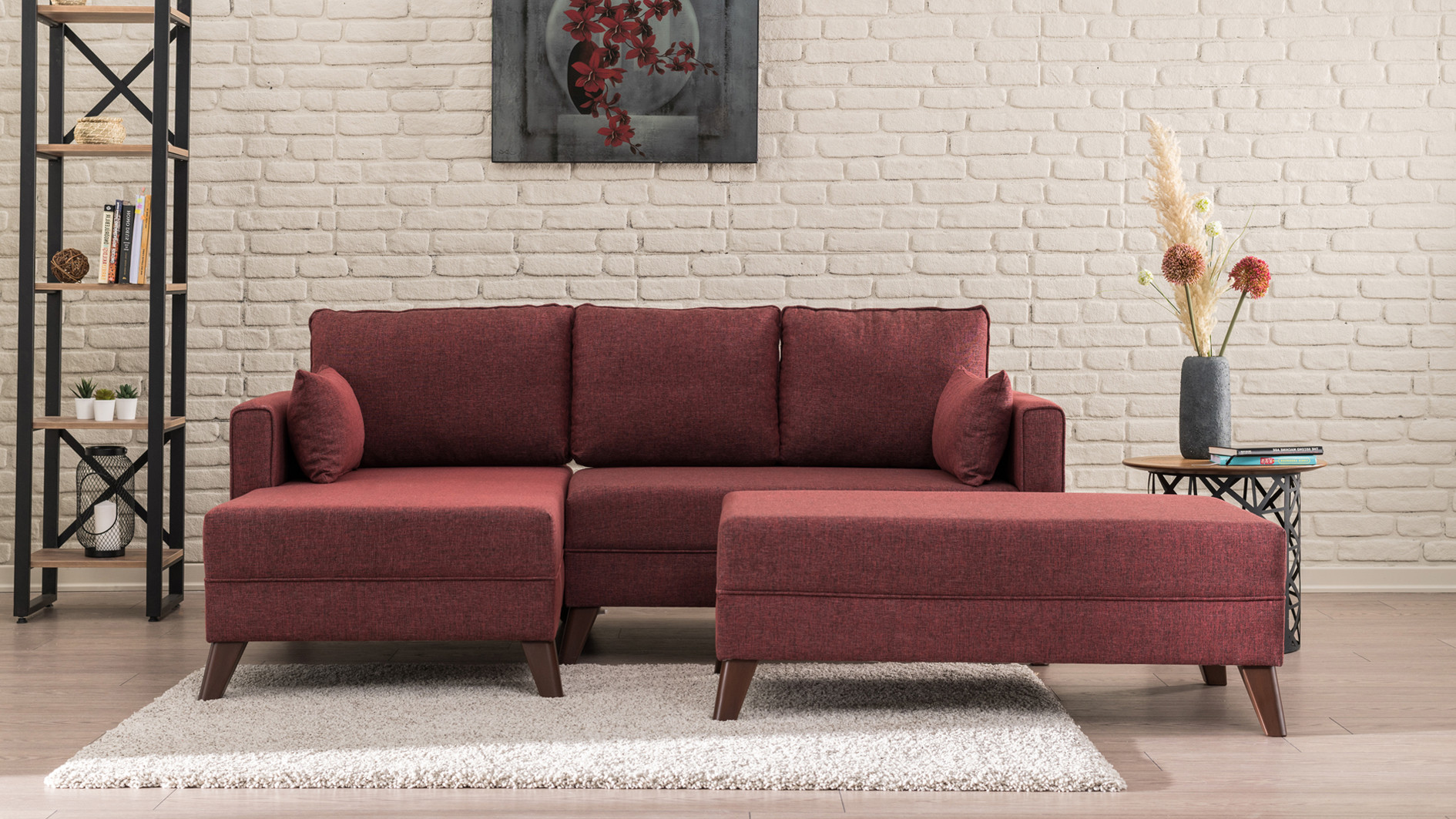 Bella Sofa Récamiere Links mit Hocker Rot