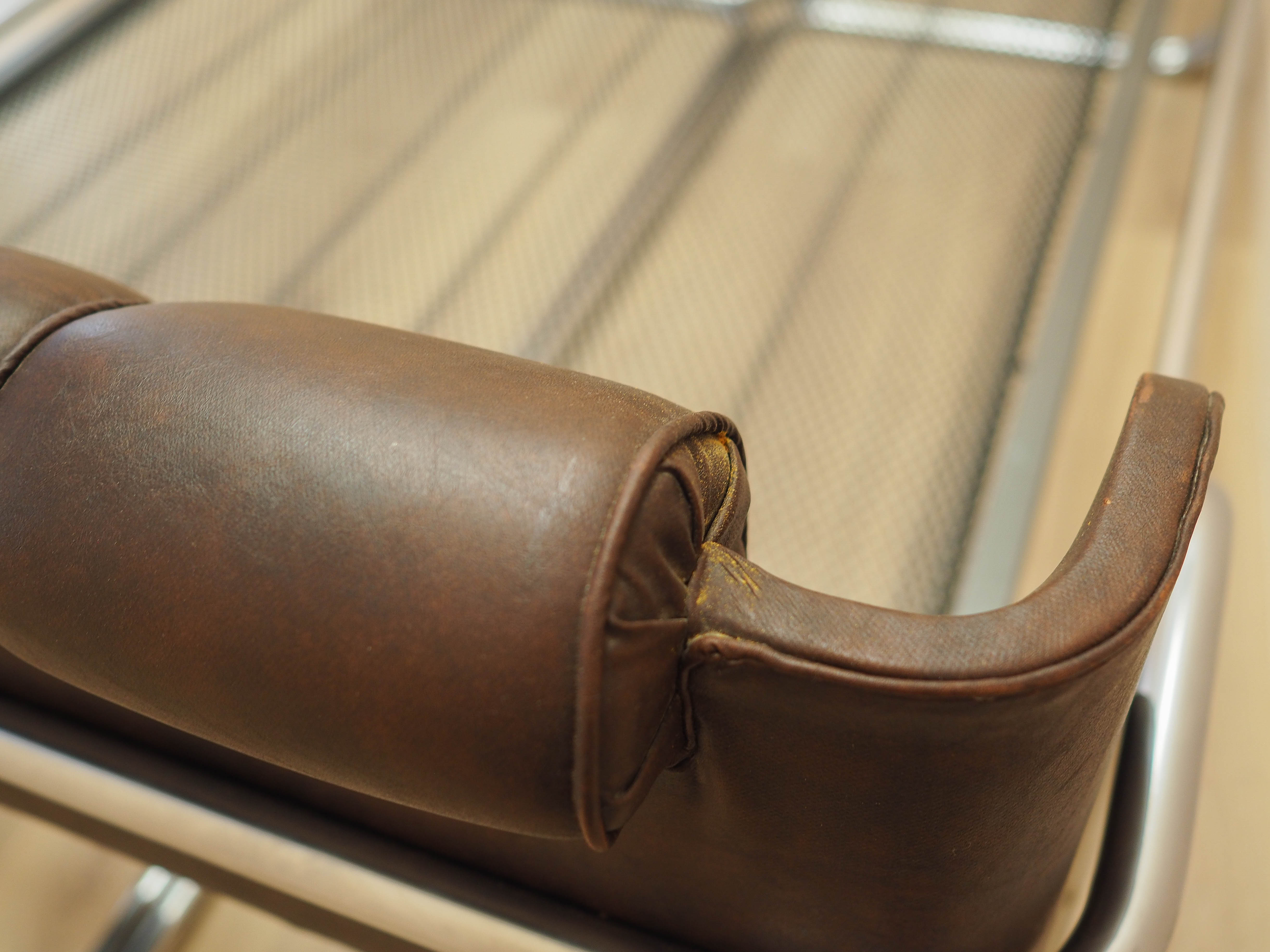 Vintage Bed Metal Frame Natural Leather Brown 1980s