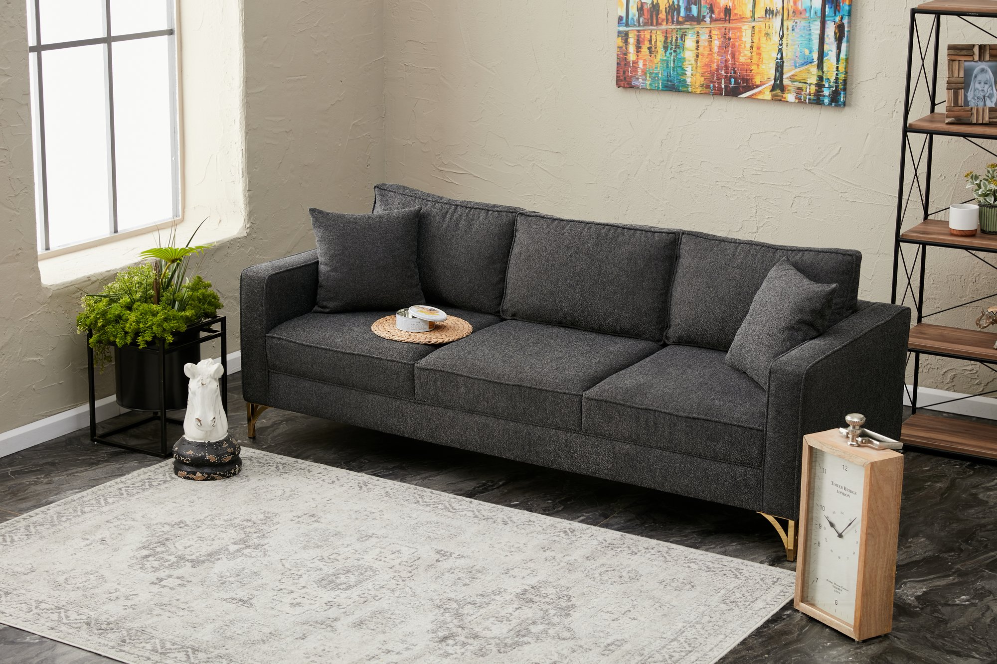 Lima Sofa 3-Sitzer Anthrazit mit goldenen Beinen