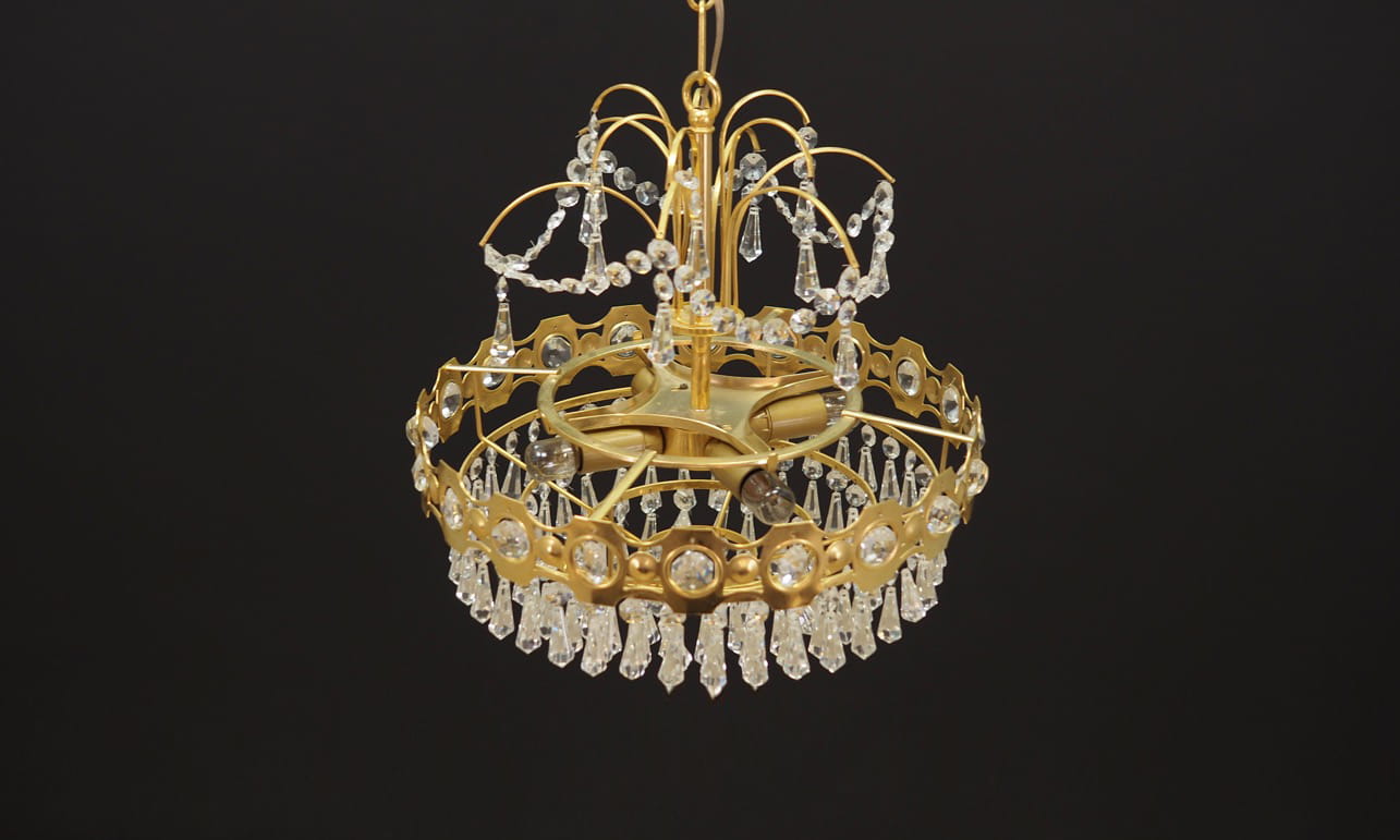 Vintage Chandelier Brass Glass Gold 1970s