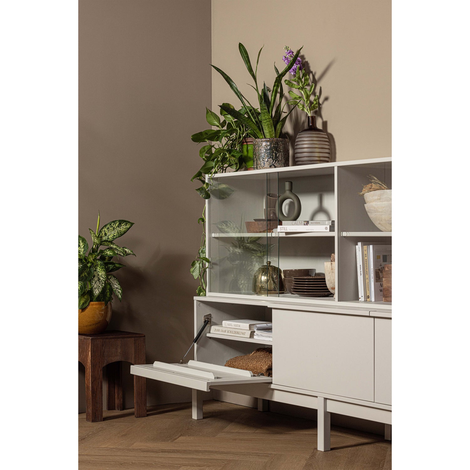 Klink Display Cabinet FSC Pine wood tempered glass sliding doors