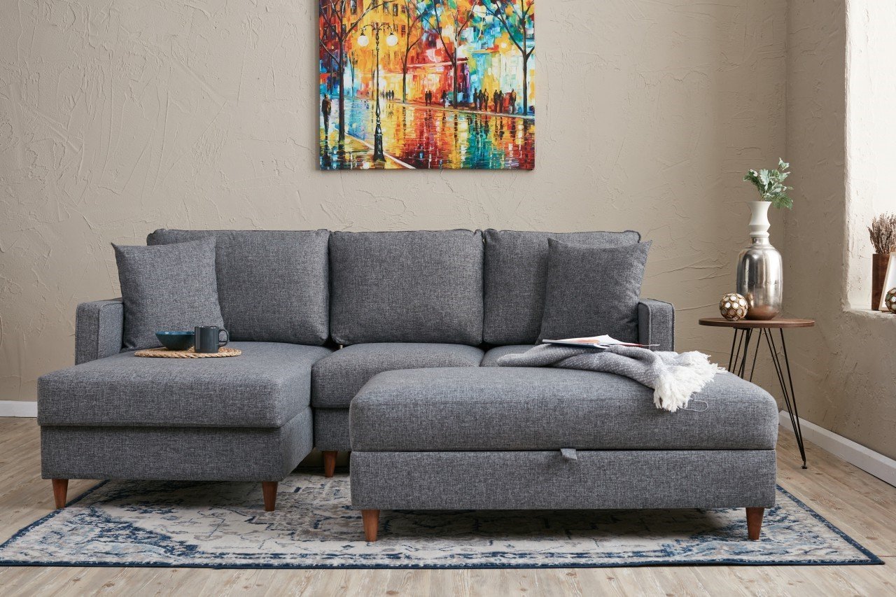 Eva Sofa Chaise Longue Left with Ottoman Grey