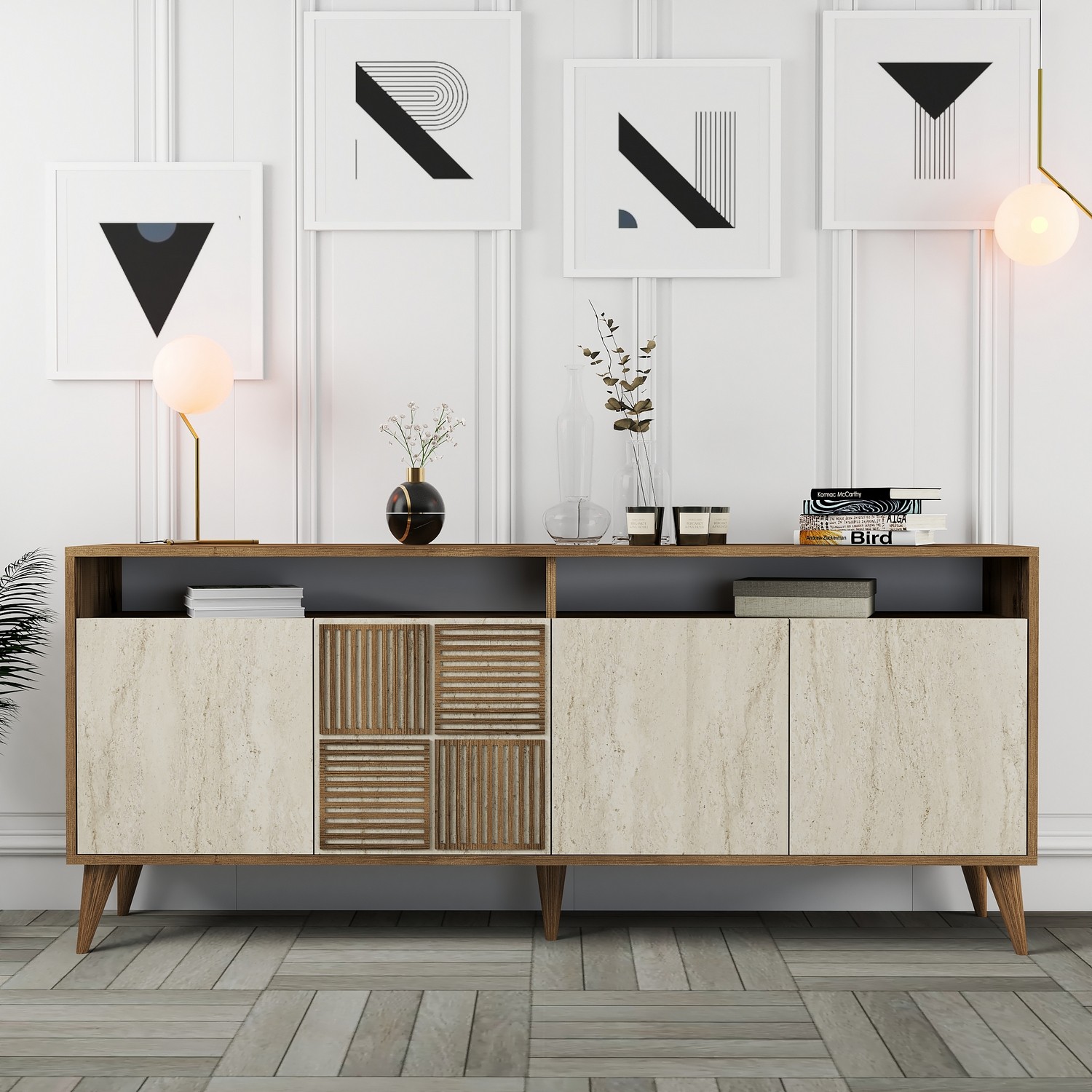 Milan Sideboard Walnussbraun Steinoptik 180cm