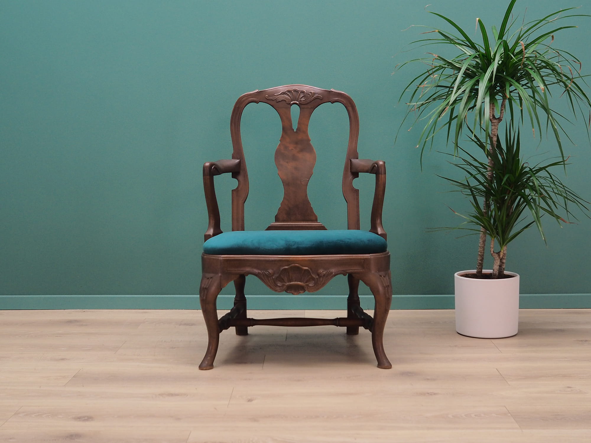 2x Vintage Stuhl & Bank Holz Samt Blau 1970er Jahre