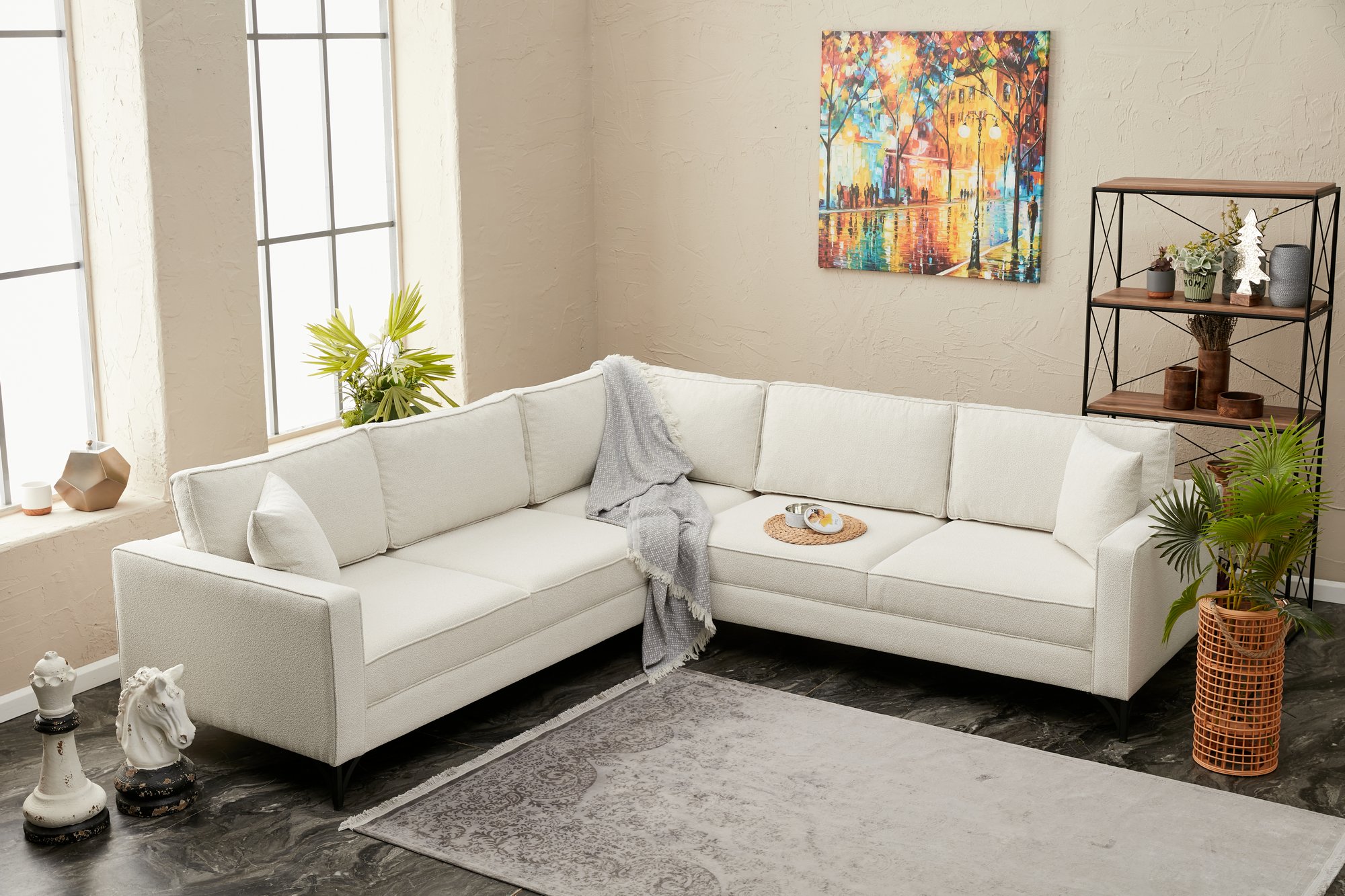 Lima Ecksofa 4-Sitzer Creme mit schwarzen Beinen