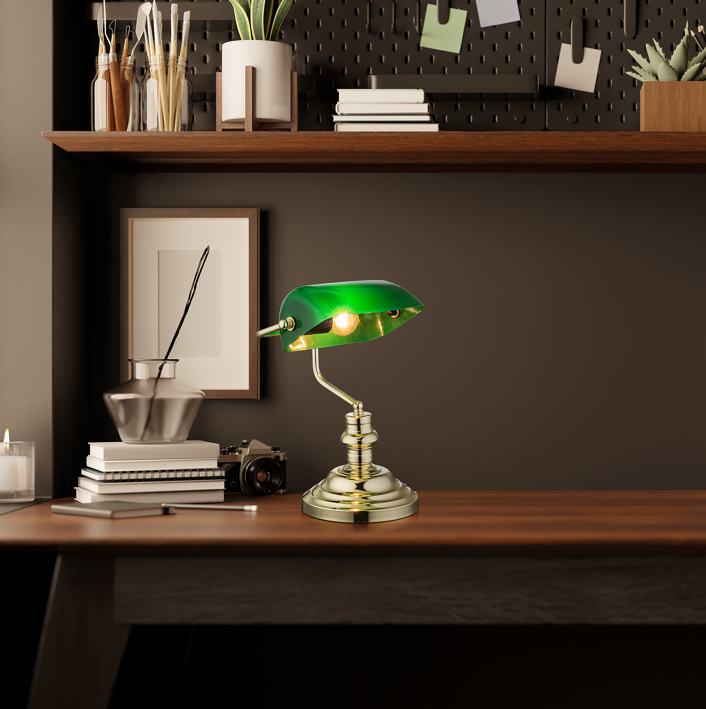 1-Flame Antique Table Lamp Acrylic Iron Green Gold