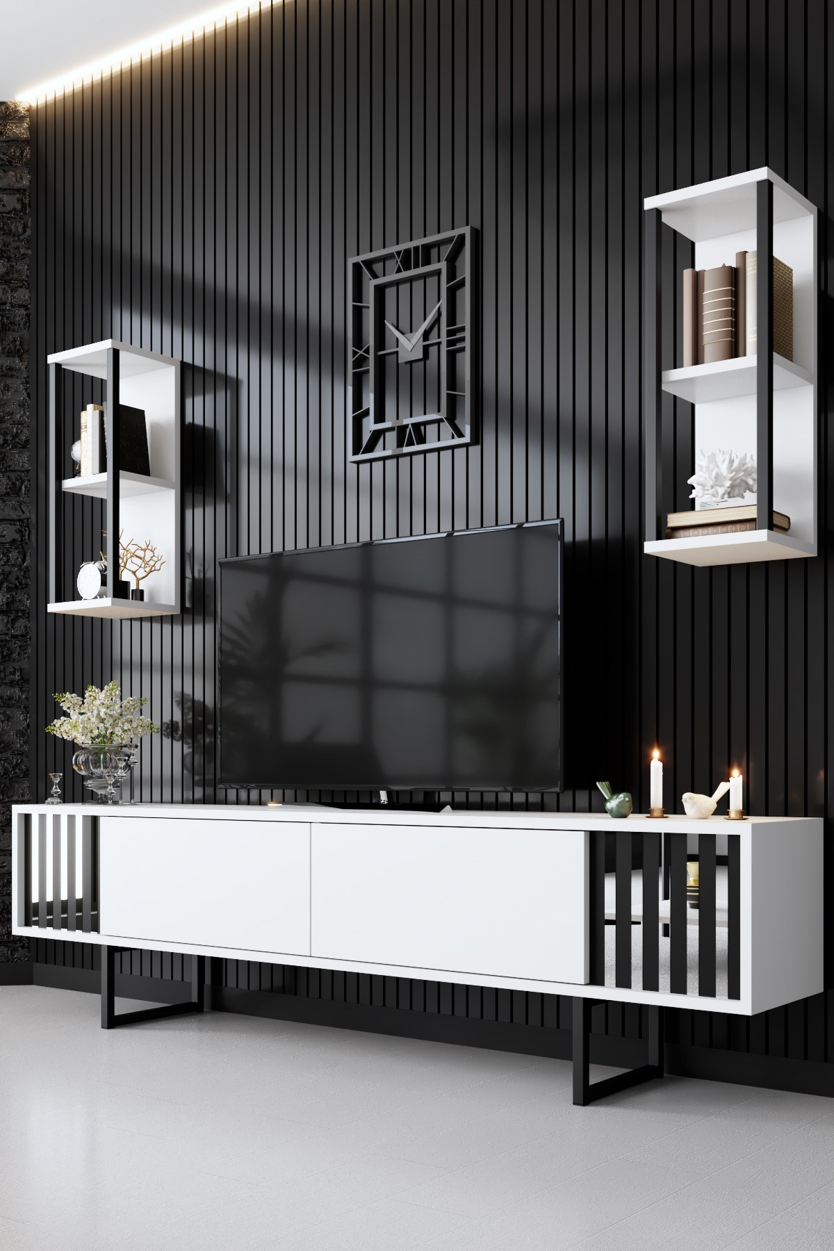 Chrome Line TV cabinet Wood veneer White Black