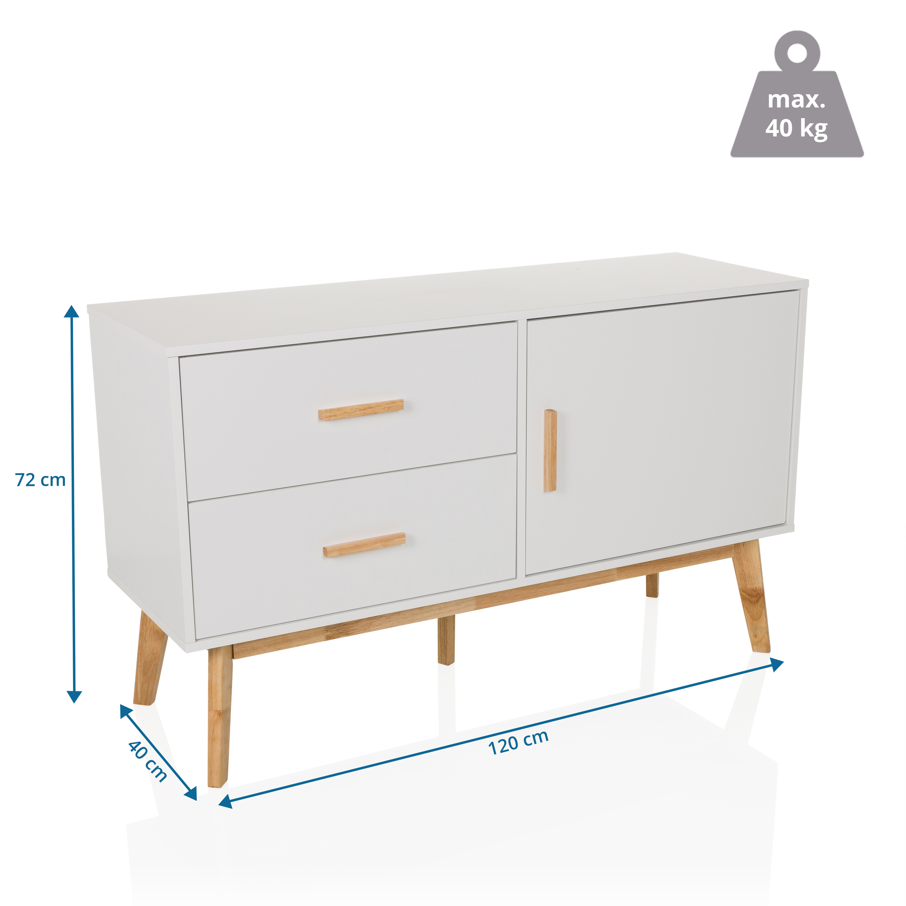 Tarolo Sideboard mit 2 Schubladen und 1 Tür Eiche Weiß