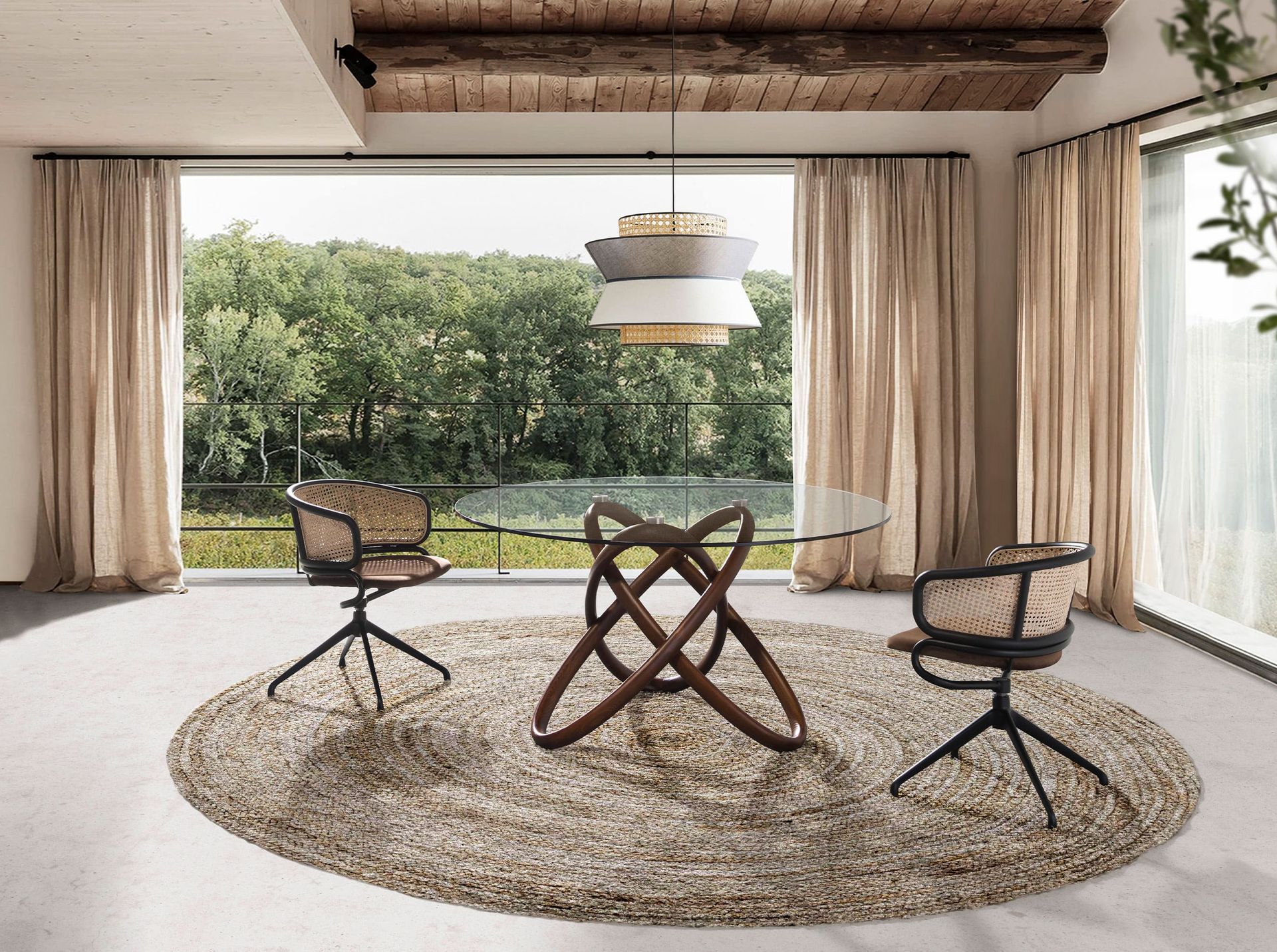 Round dining table walnut wood glass Ø 130cm