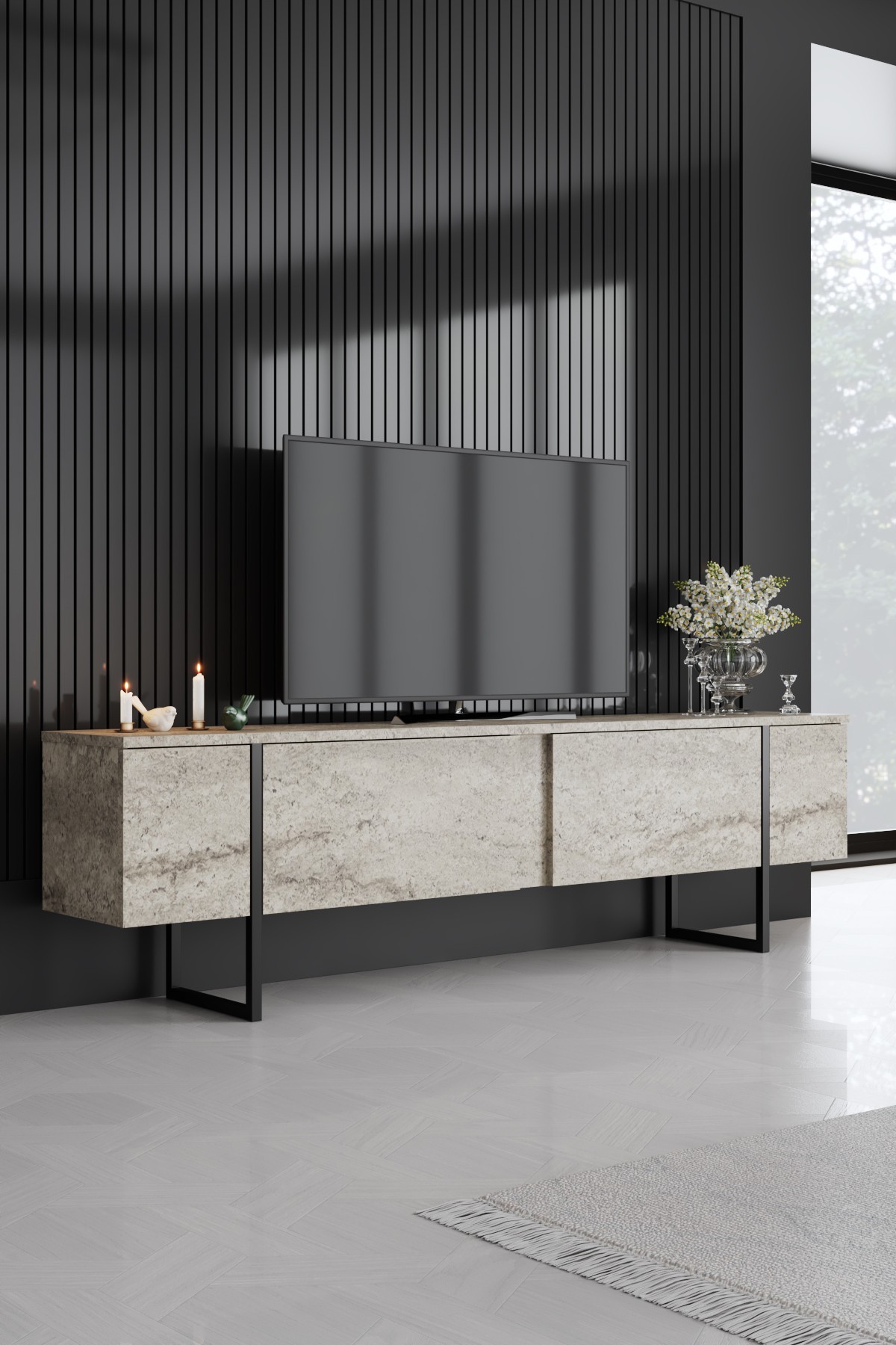 Luxe Lowboard Holz Travertine Schwarz