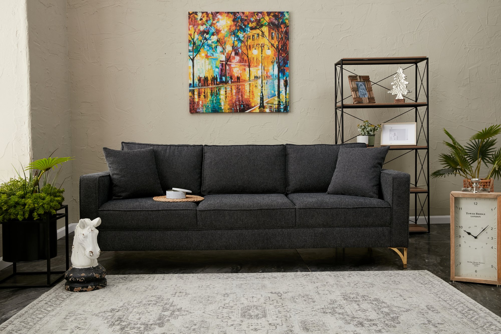 Lima Sofa 3-Sitzer Anthrazit mit goldenen Beinen