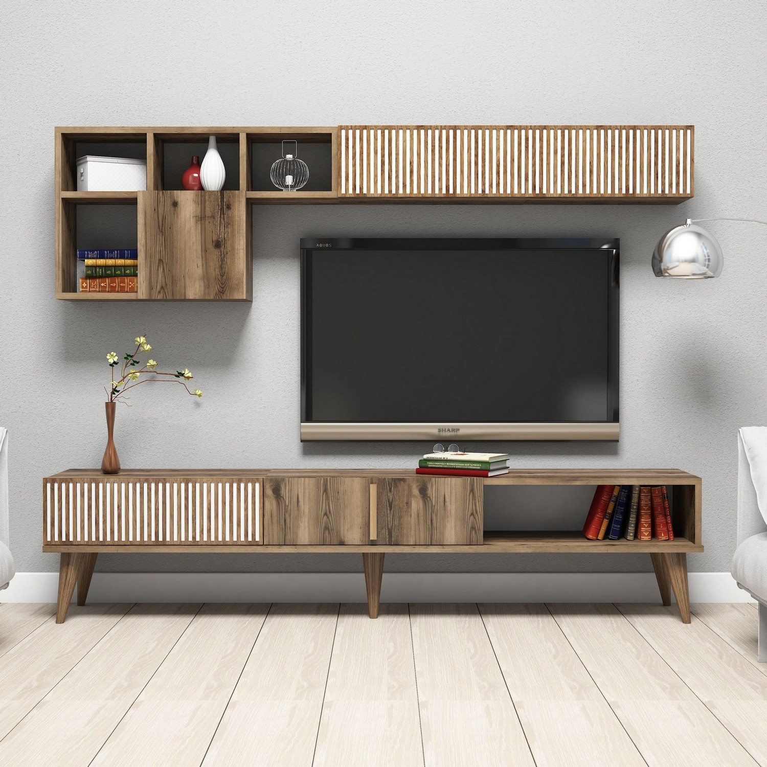 Milan lowboard with wall shelf walnut brown