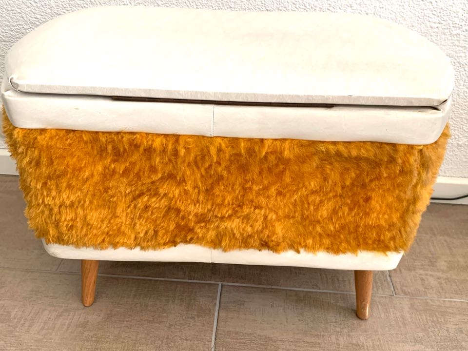 Vintage Hocker Plüsch Kunstleder Beige 1950er Jahre