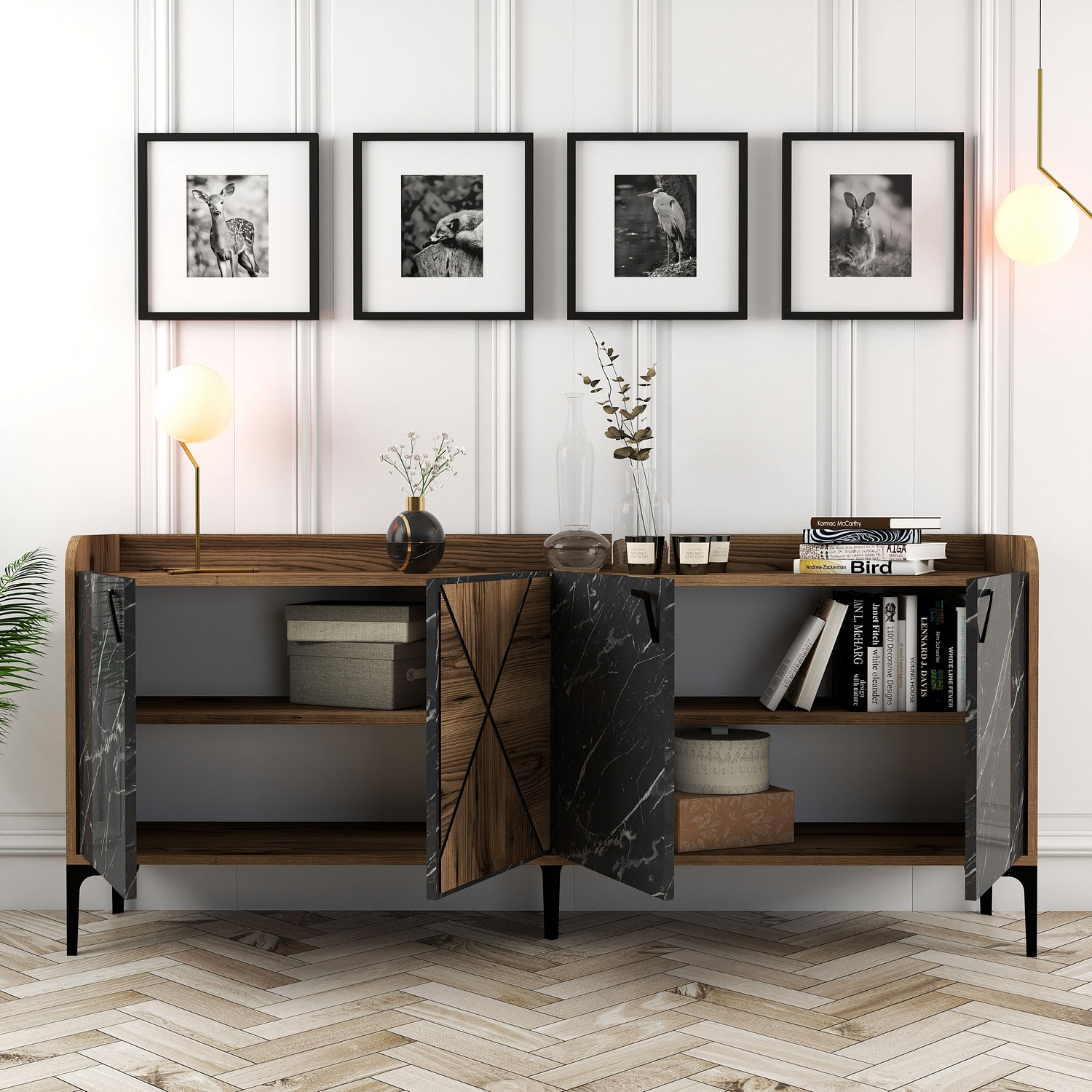 Venedik Sideboard Walnussbraun Marmoroptik Schwarz